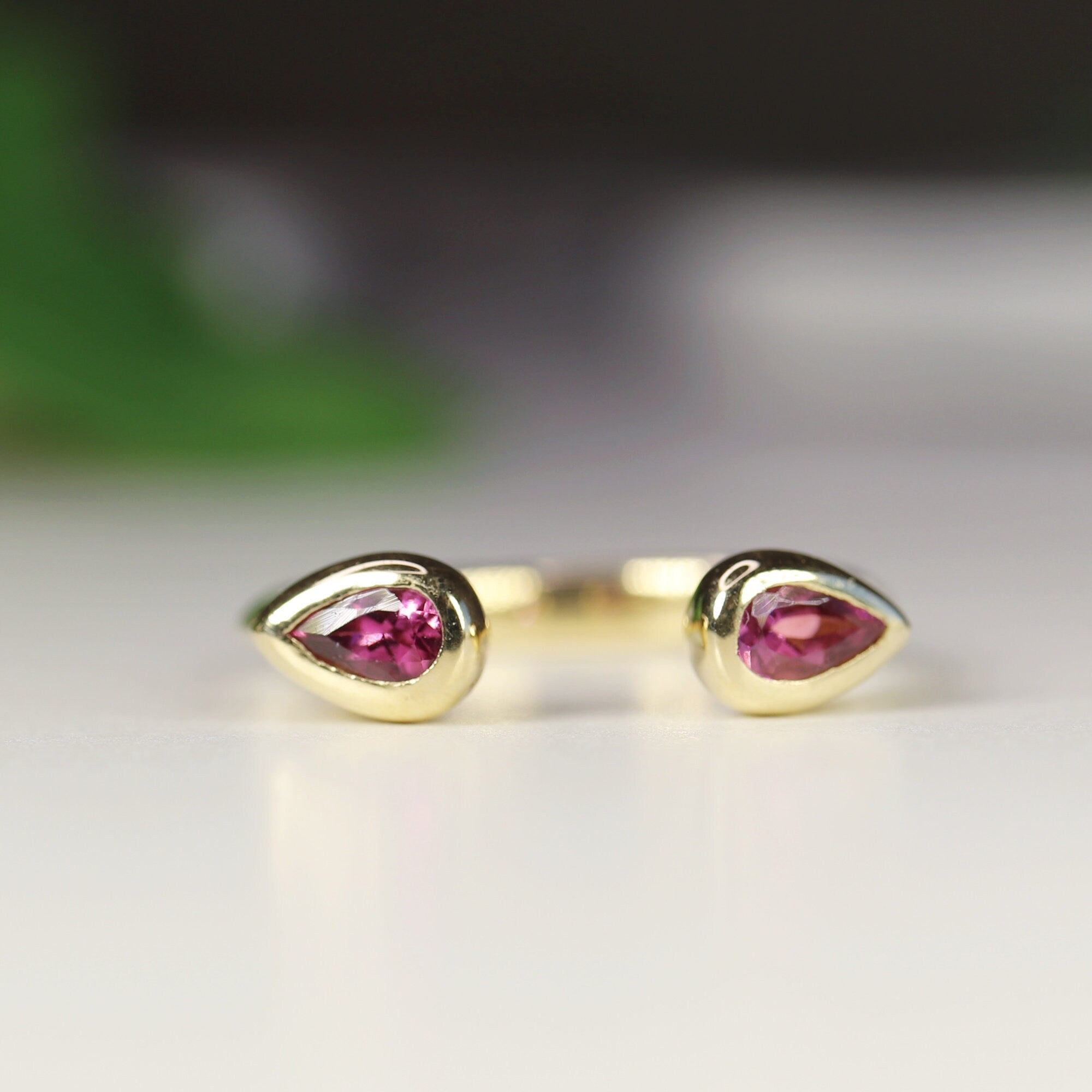 18k Solid Gold Pink Tourmaline Ring, Open Cuff Ring