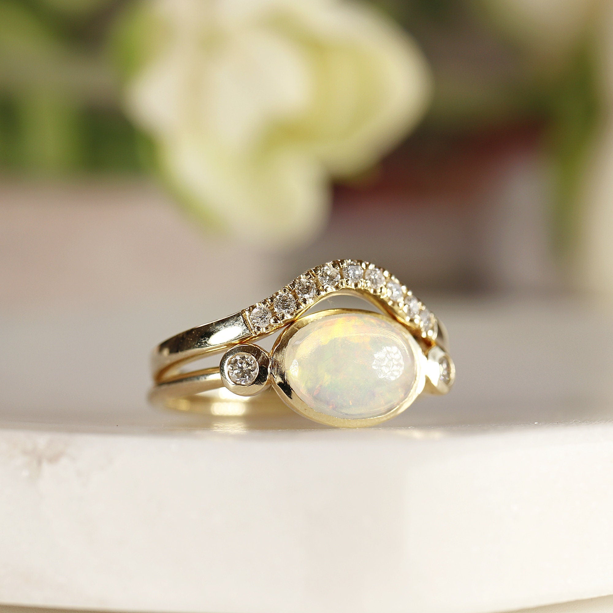 14k Gold Opal and Diamond Ring