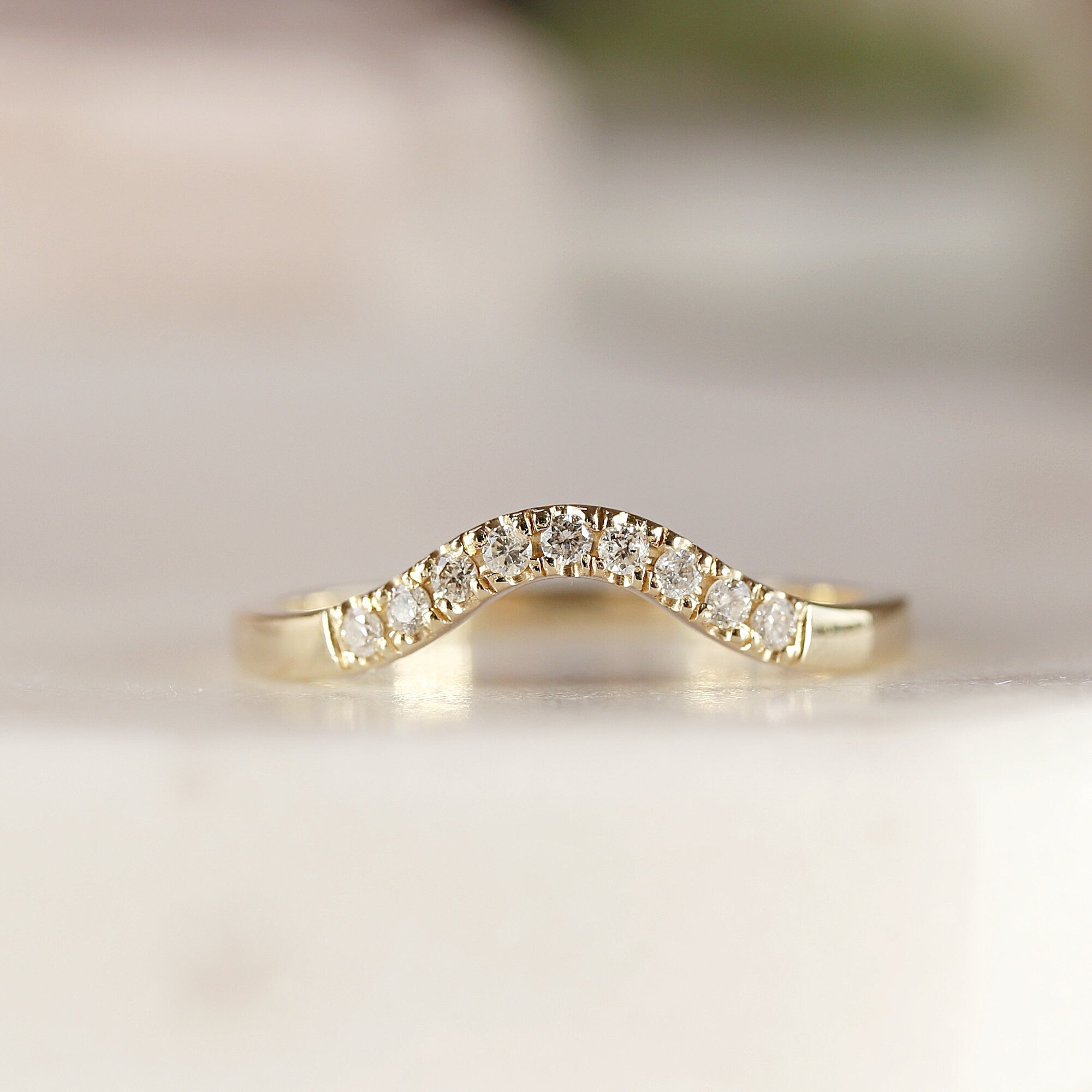 Curved Diamond Wedding Band, Matching Ring Gold Band