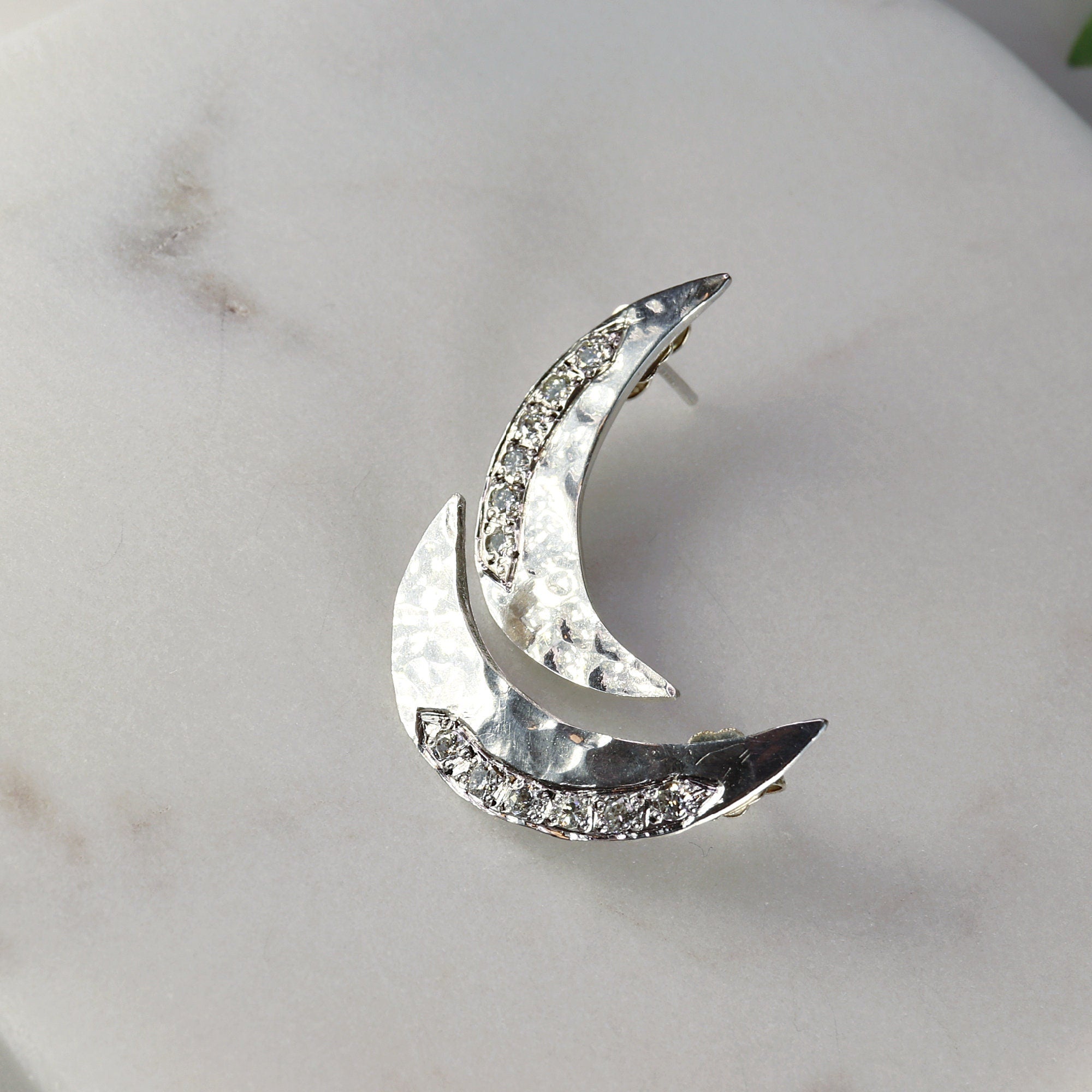 Pave Diamond Crescent Moon Earrings Sterling Silver Hammered