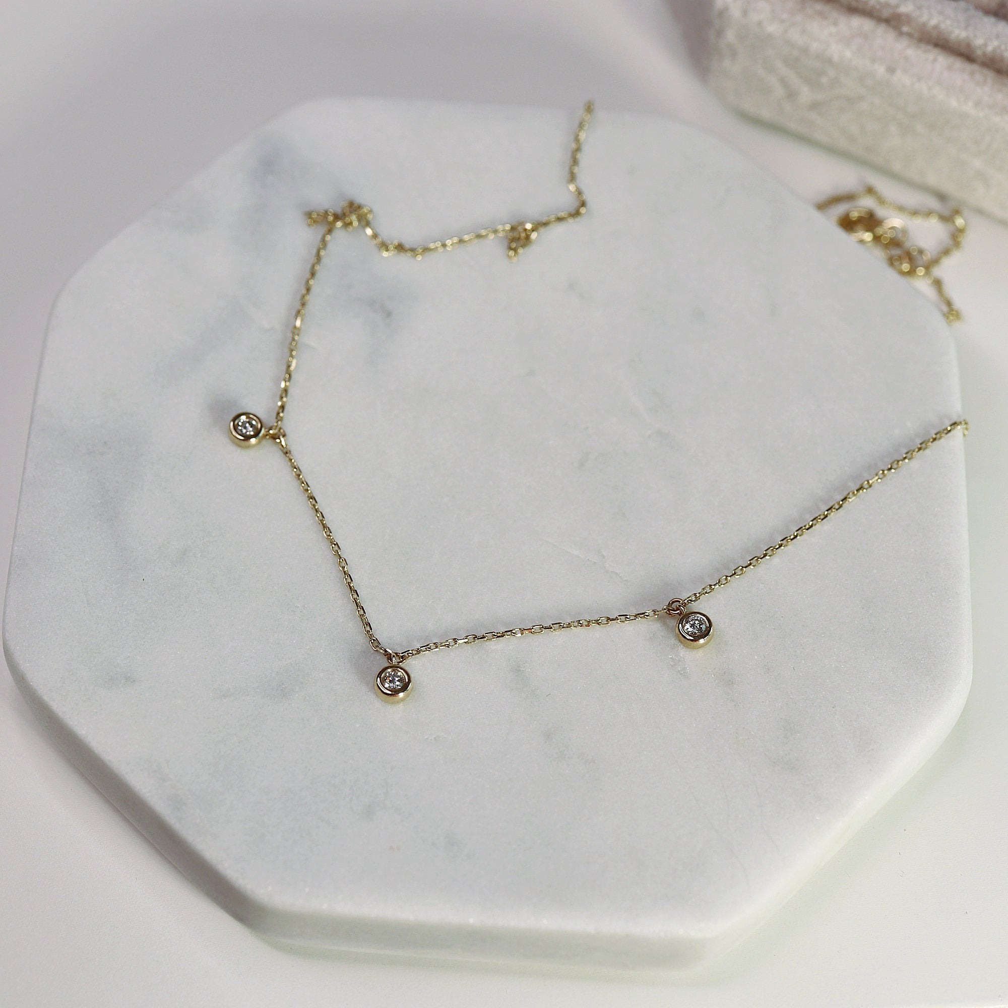 3 Diamond Station Necklace in 14k Gold - Melt'm Jewelry