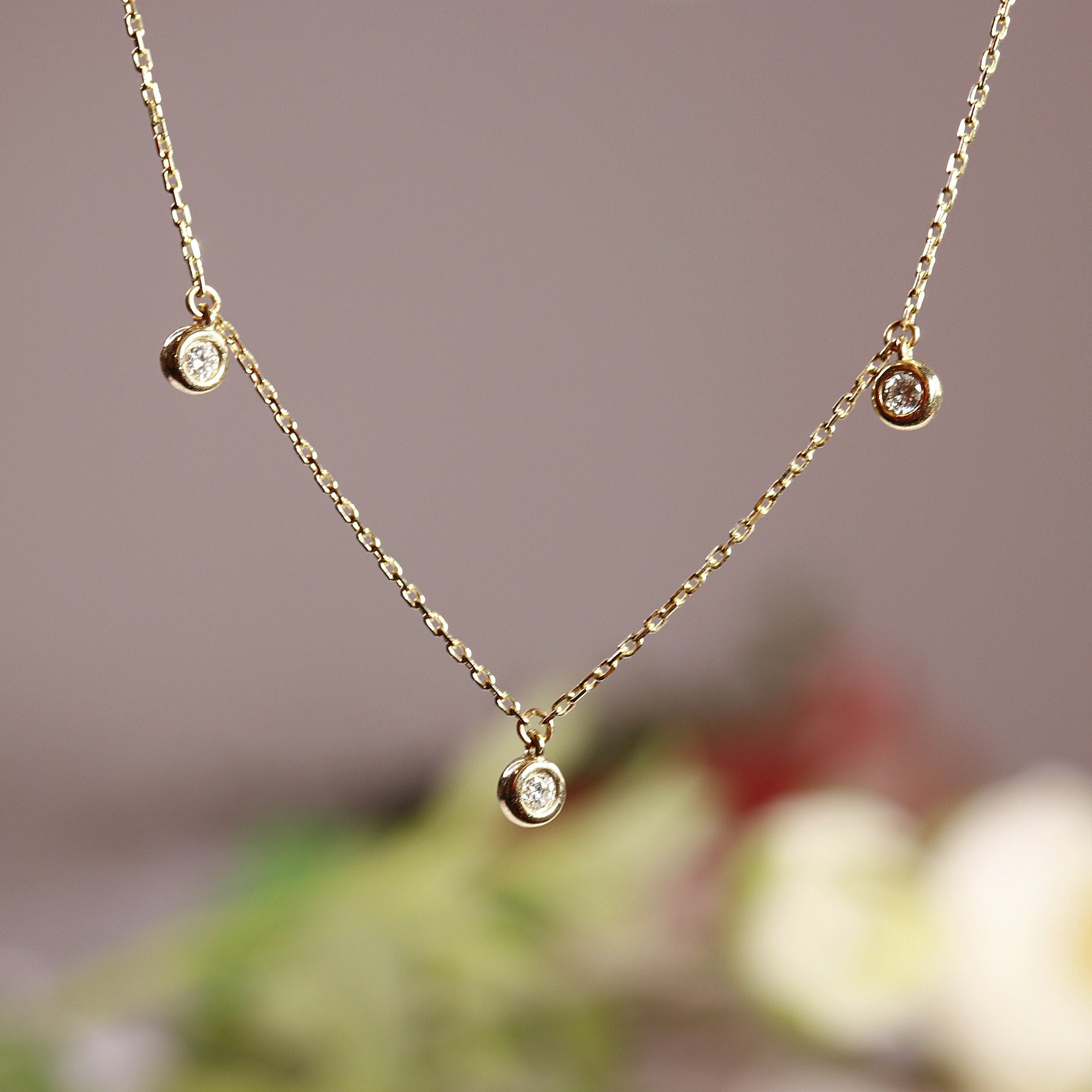 3 Diamond Station Necklace in 14k Gold - Melt'm Jewelry