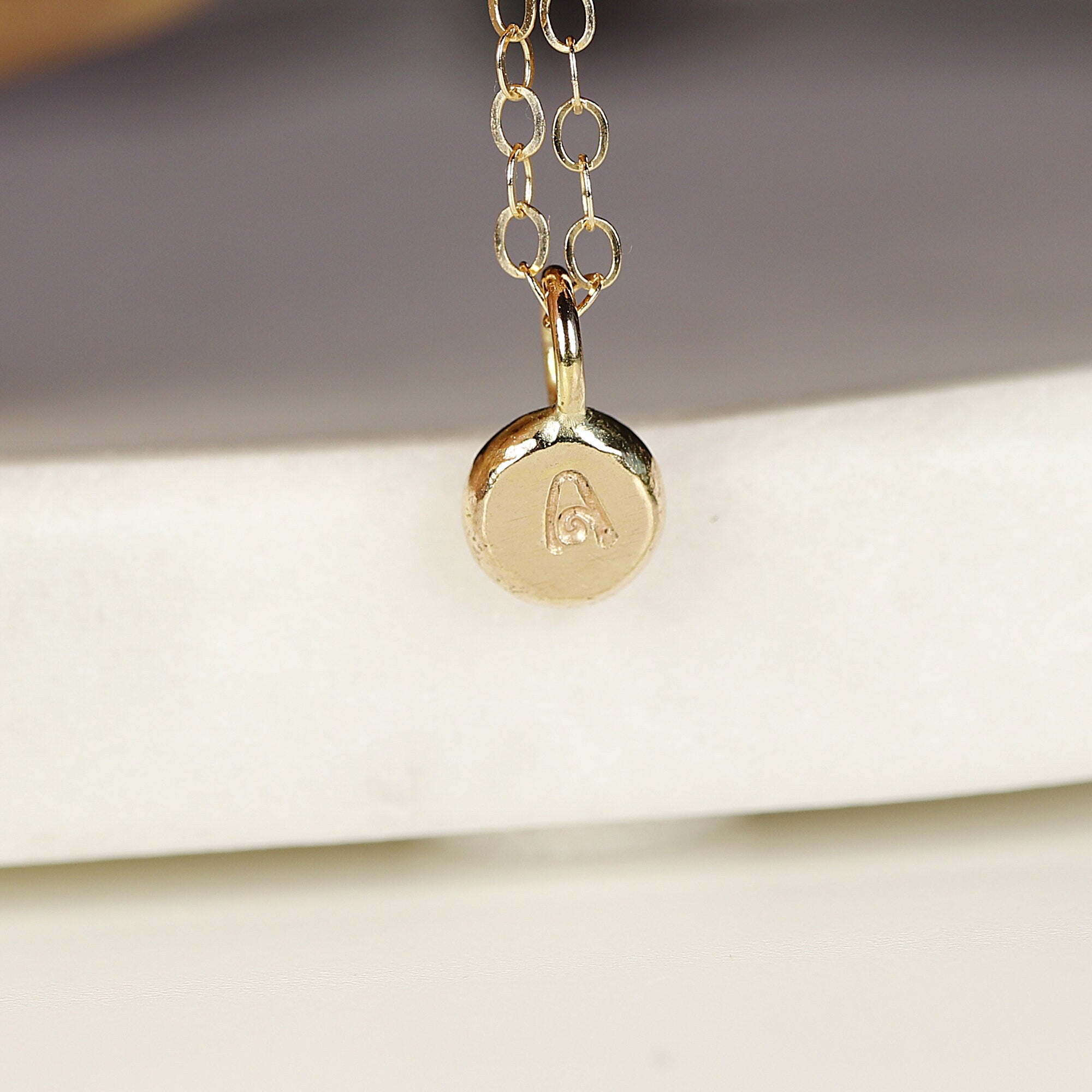 14k Solid Gold Rustic Pebble Initial Necklace