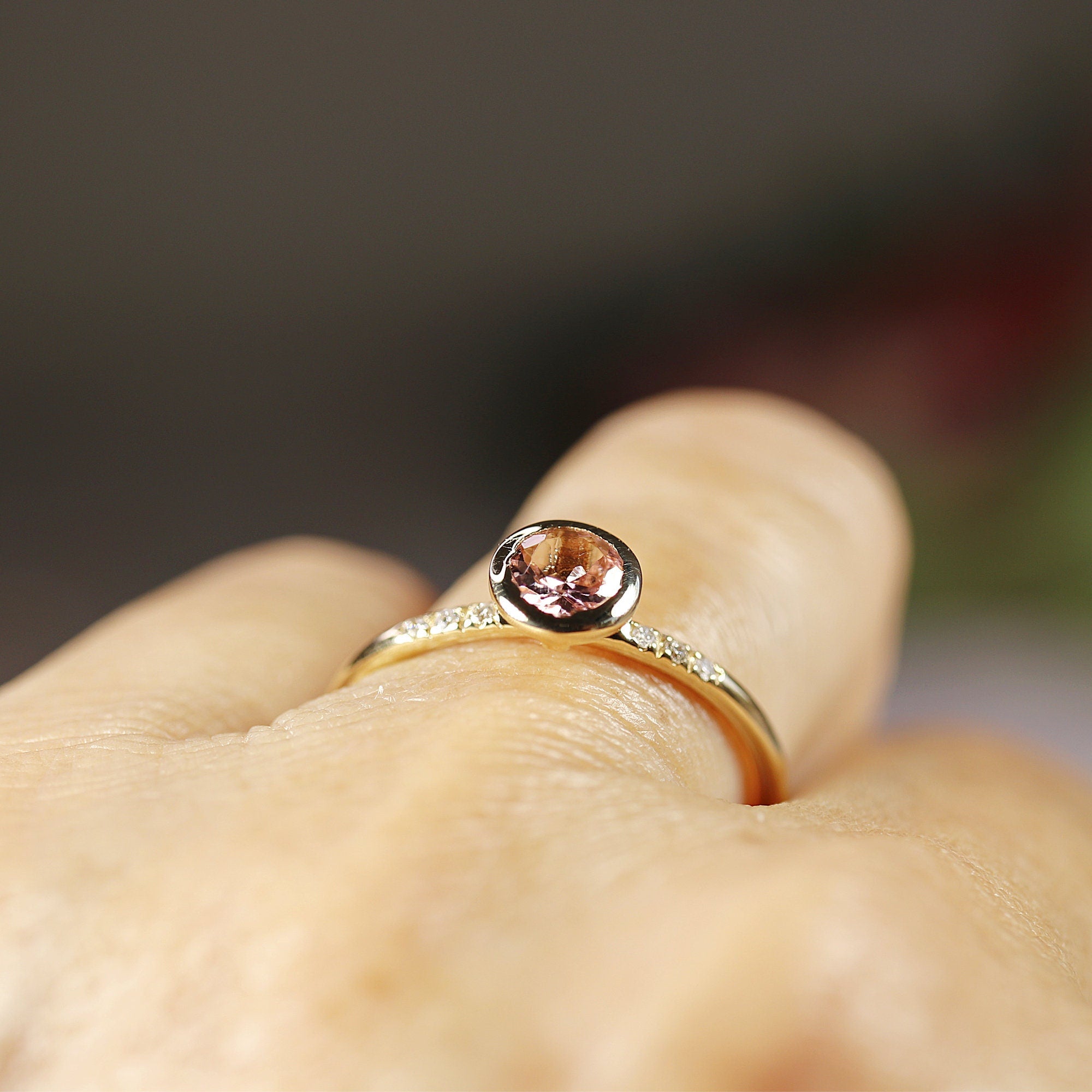 Dainty Pink Tourmaline Ring, 14k Solid Gold Blush Solitaire Ring With Diamonds - Melt'm Jewelry