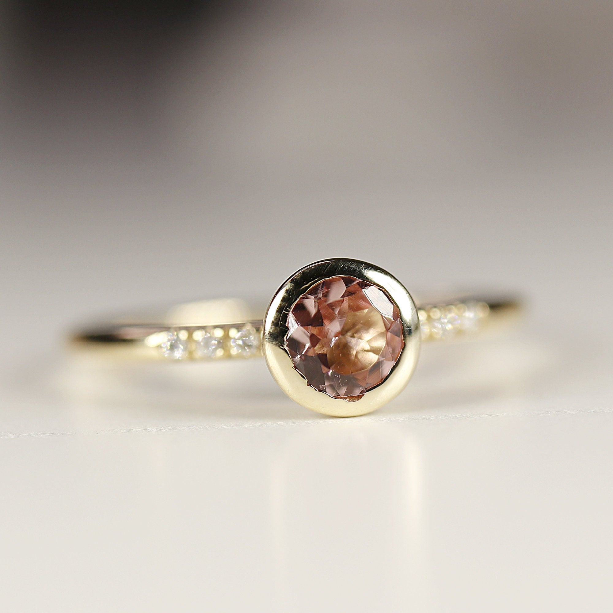 Dainty Pink Tourmaline Ring, 14k Solid Gold Blush Solitaire Ring With Diamonds - Melt'm Jewelry