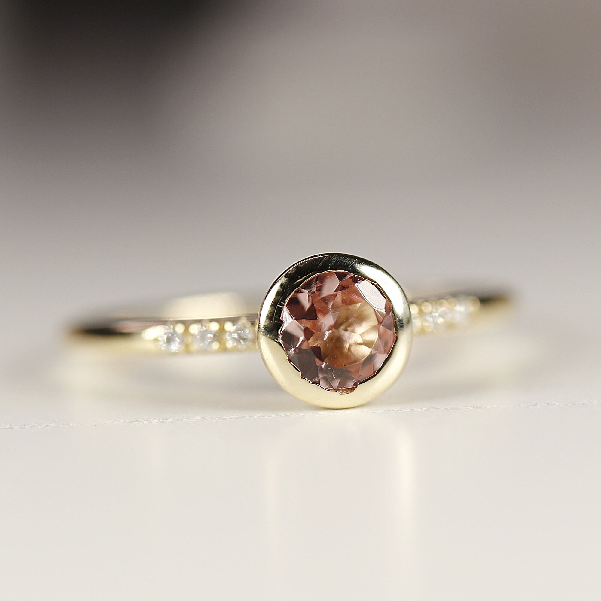 Dainty Pink Tourmaline Ring, 14k Solid Gold Blush Solitaire Ring With Diamonds - Melt'm Jewelry