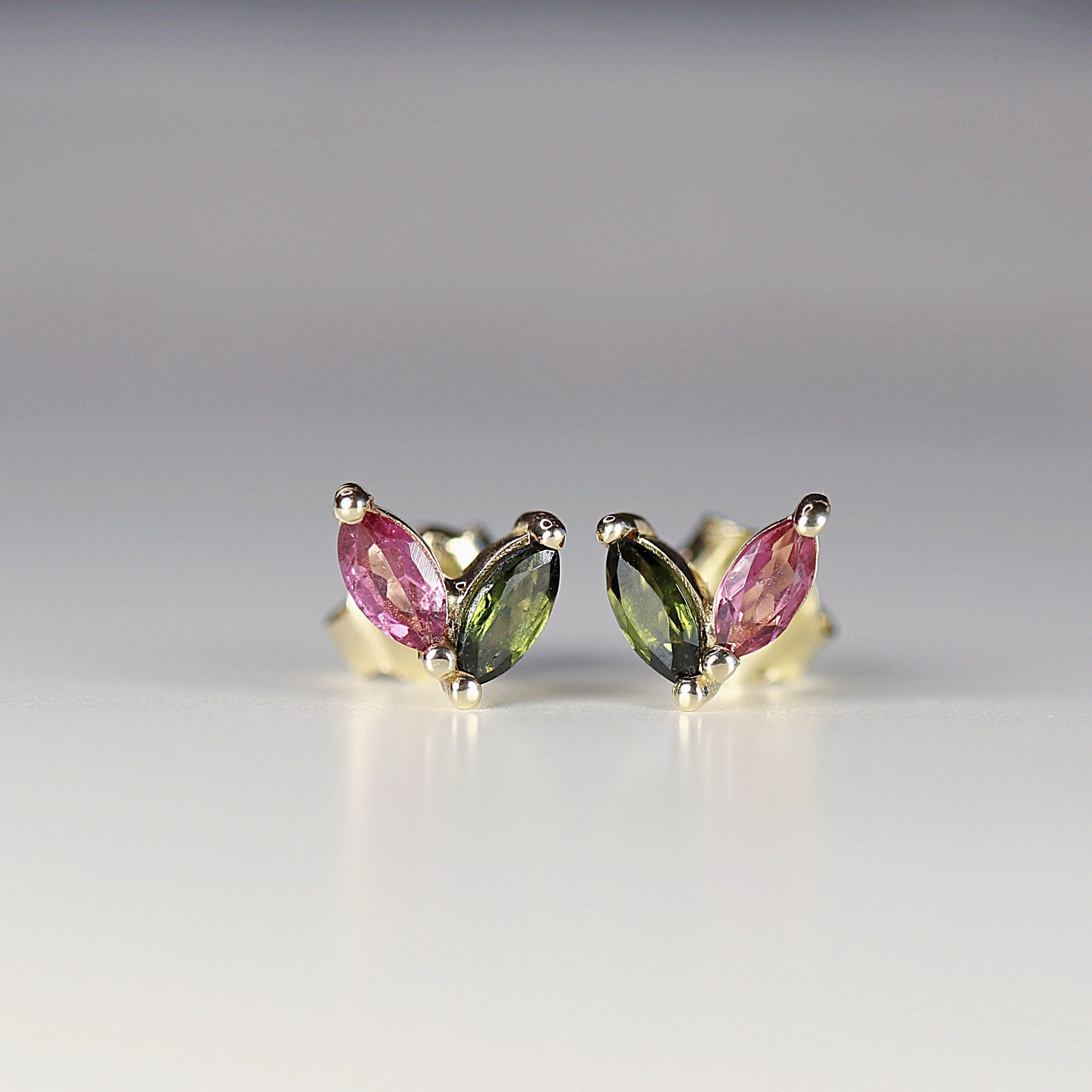 Pink Tourmaline &amp; Green Tourmaline Earrings 14k Solid Gold - Melt'm Jewelry