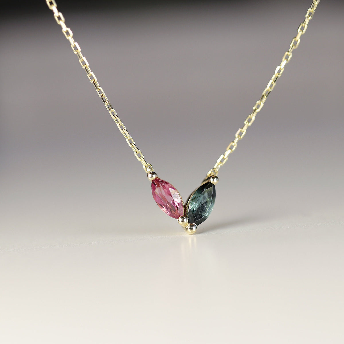 Marquise Pink Tourmaline and Green Tourmaline Necklace 14k Solid Gold