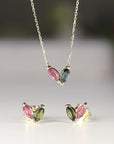 Marquise Pink Tourmaline and Green Tourmaline Necklace 14k Solid Gold