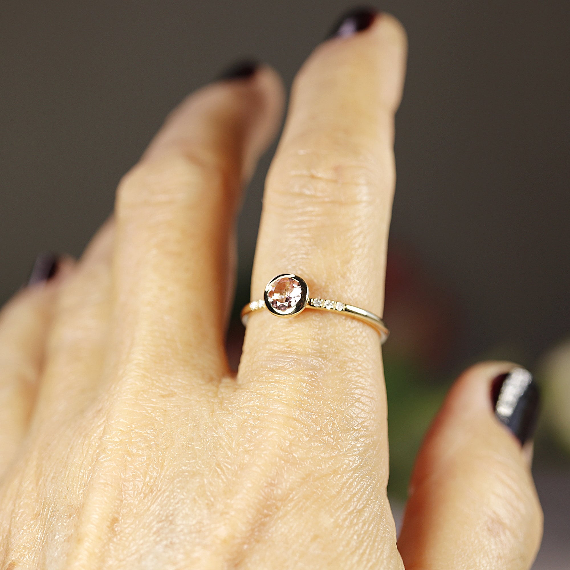 Dainty Pink Tourmaline Ring, 14k Solid Gold Blush Solitaire Ring With Diamonds - Melt'm Jewelry