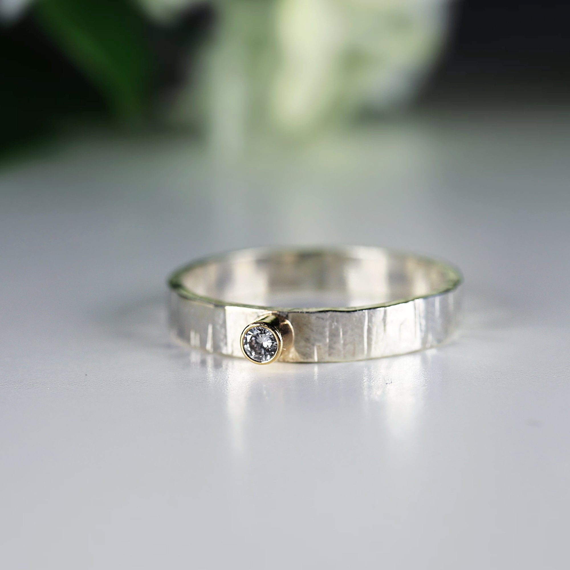 Hammered Silver Band Diamond Ring, Mixed Metal Ring