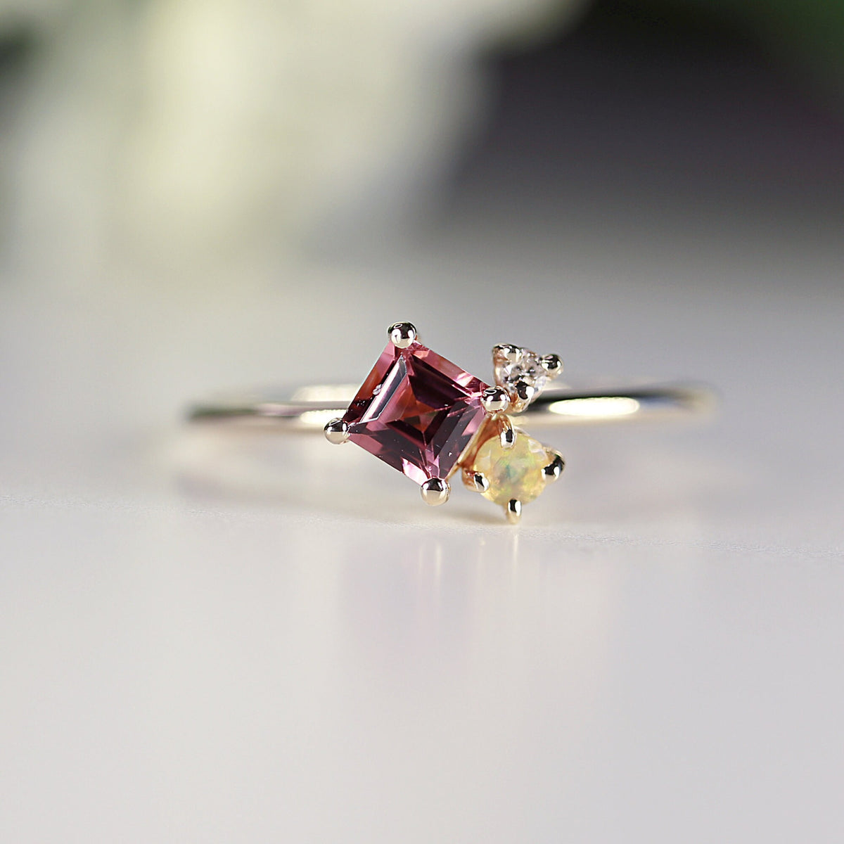 Opal Tourmaline and Diamond Cluster Engagement Ring - Melt'm Jewelry