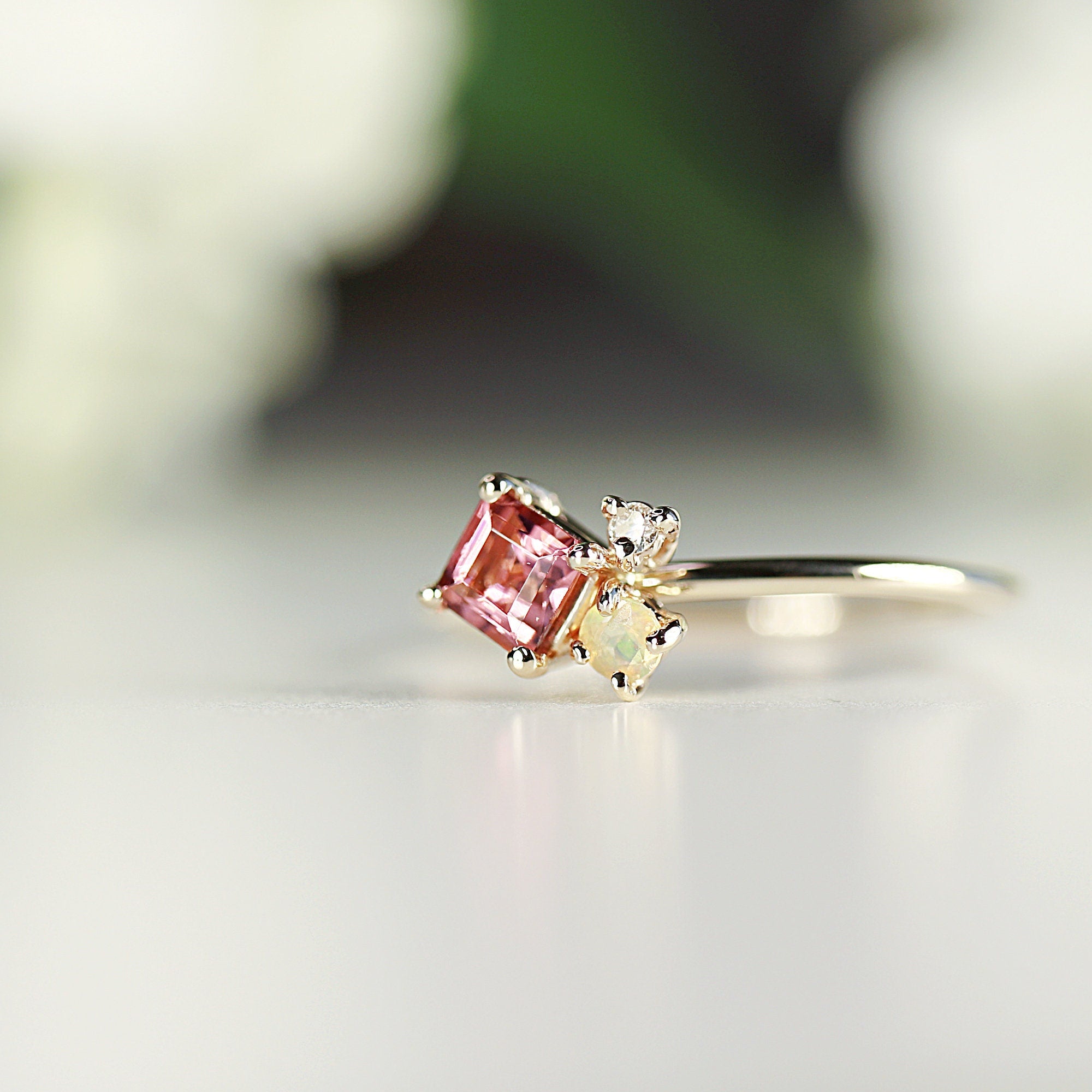 Opal Tourmaline and Diamond Cluster Engagement Ring