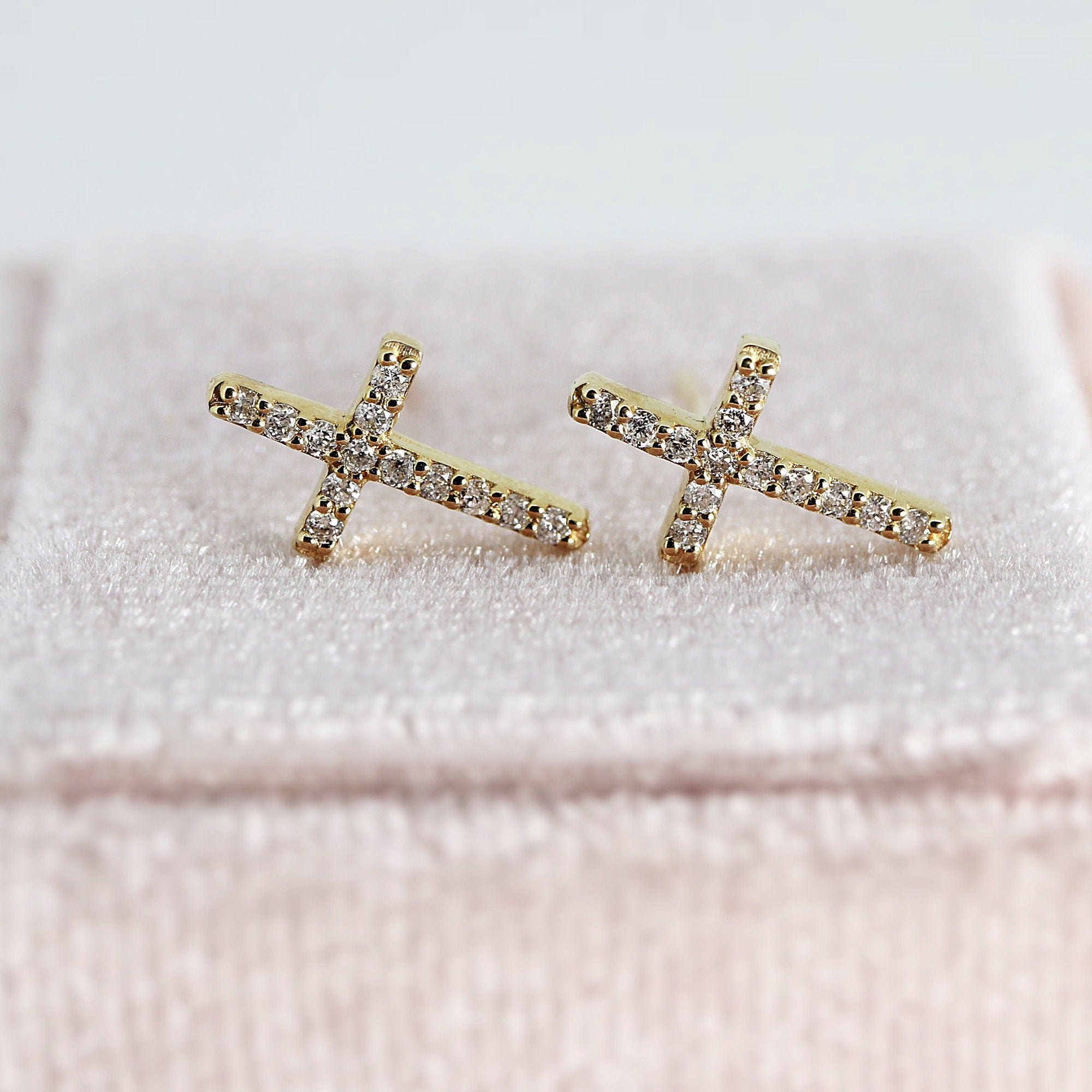 14k Yellow Gold Diamond Cross Earrings