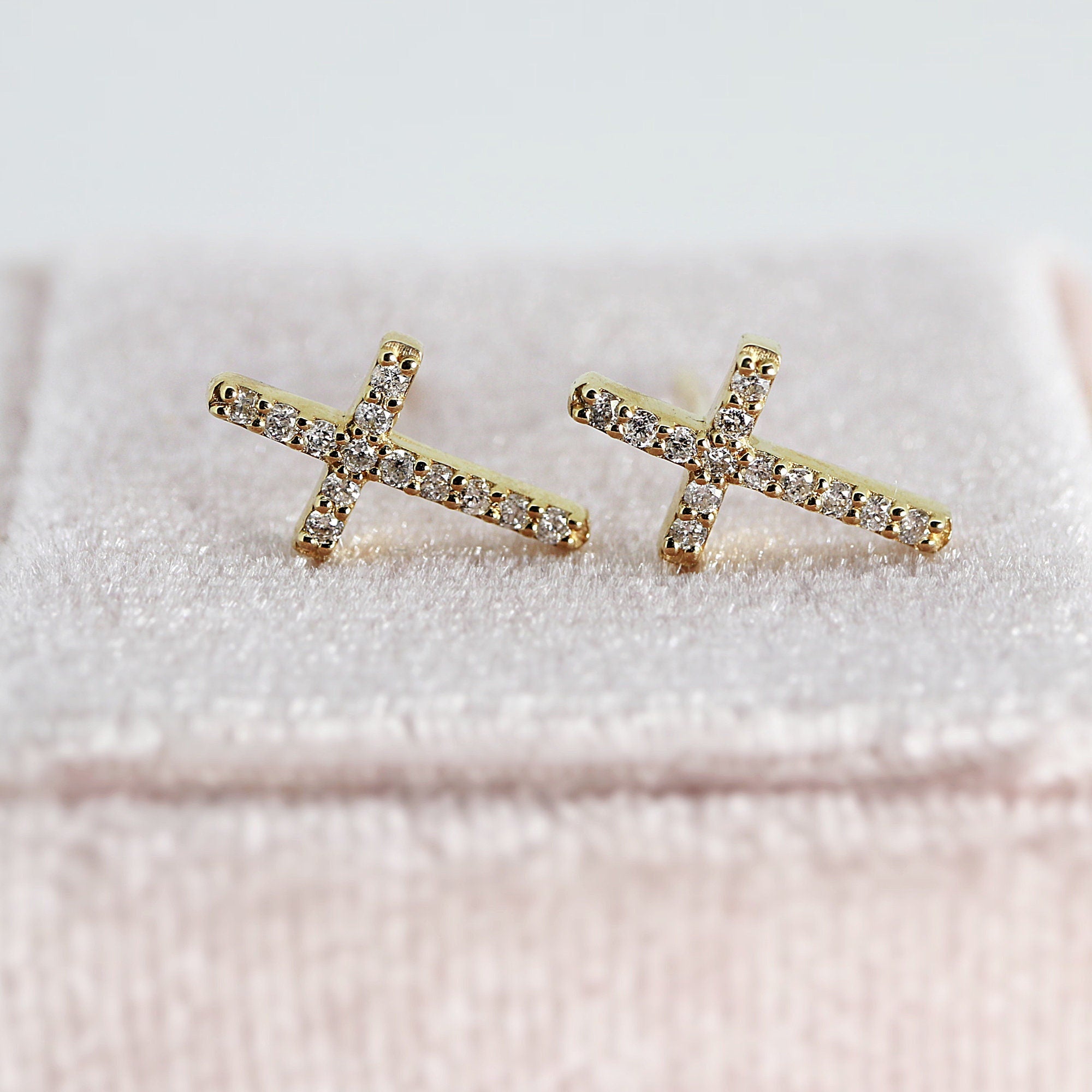 14k Yellow Gold Diamond Cross Earrings (SINGLE OR PAIR) - Melt'm Jewelry