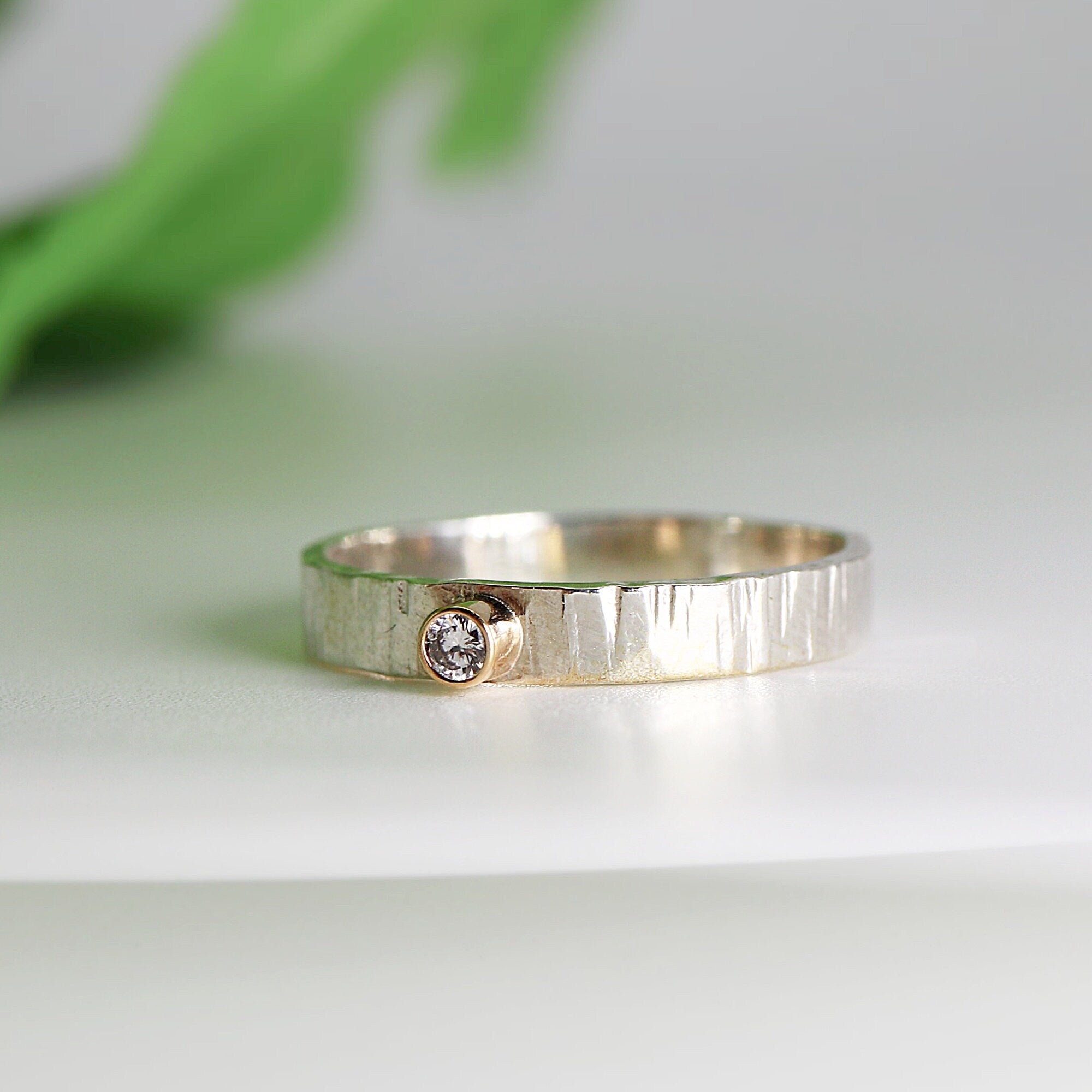 Hammered Silver Band Diamond Ring, Mixed Metal Ring