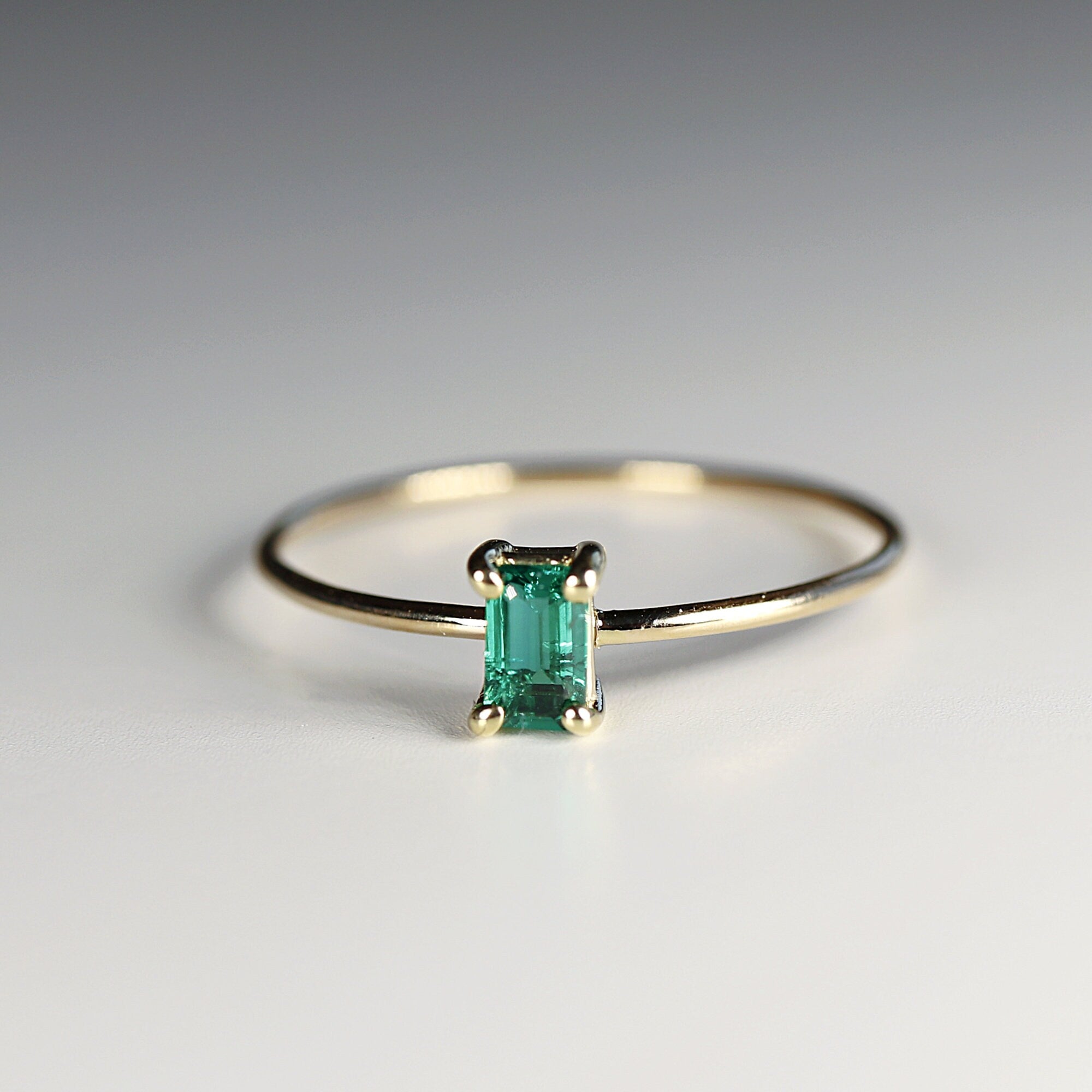 14k Gold Dainty Emerald Cut Emerald Ring