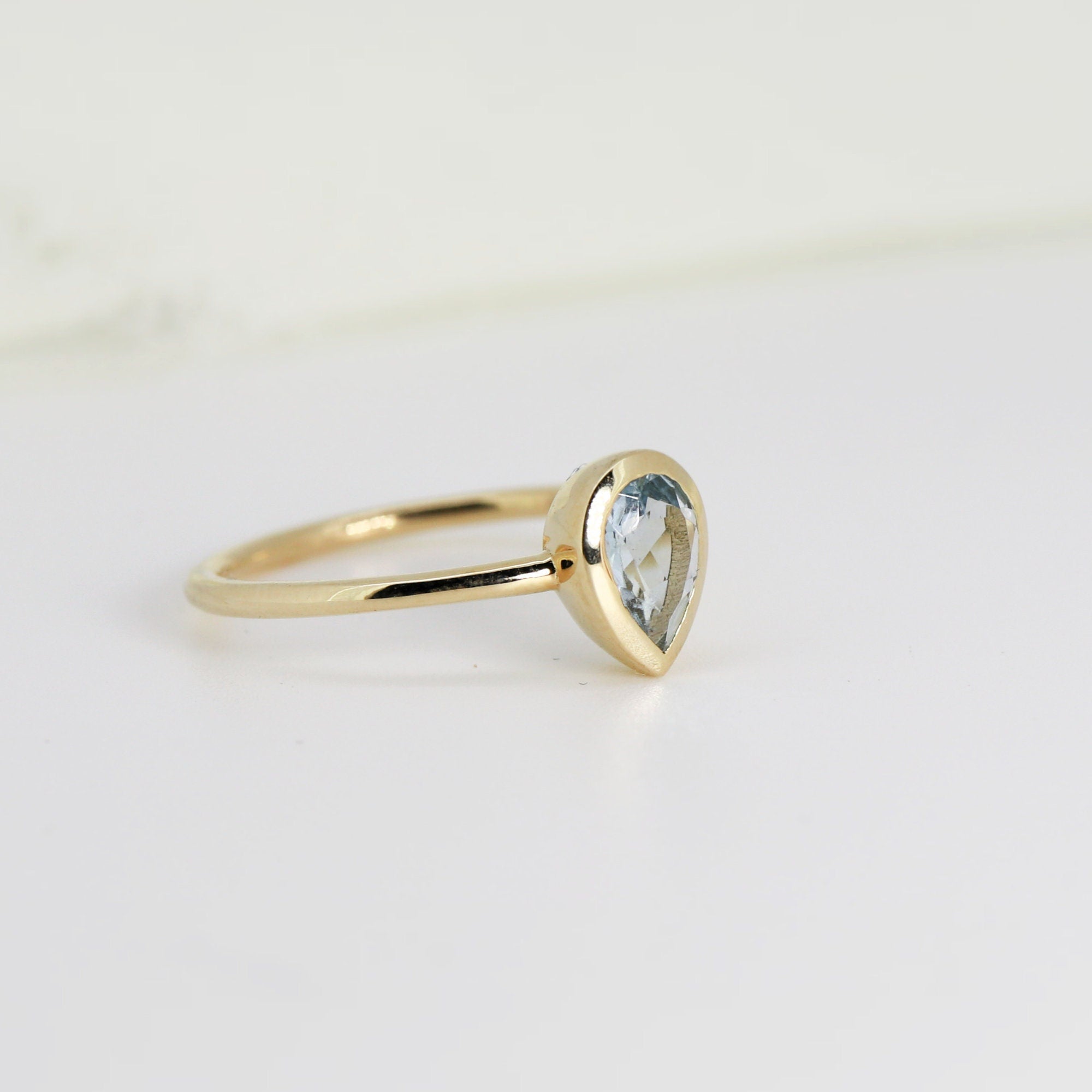 Pear Aquamarine Ring, Bezel Set 14k Gold Ring