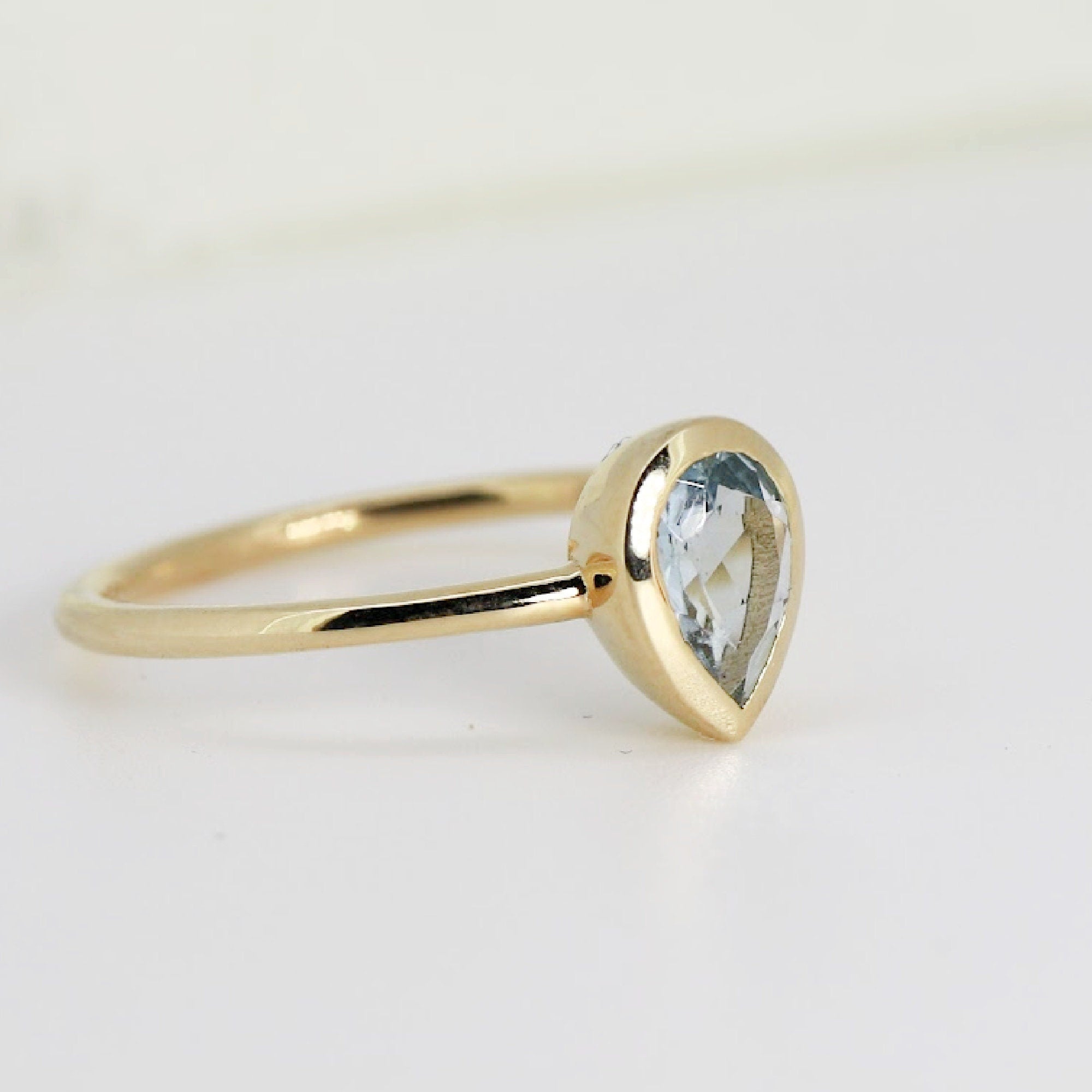 Pear Aquamarine Ring, Bezel Set 14k Gold Ring