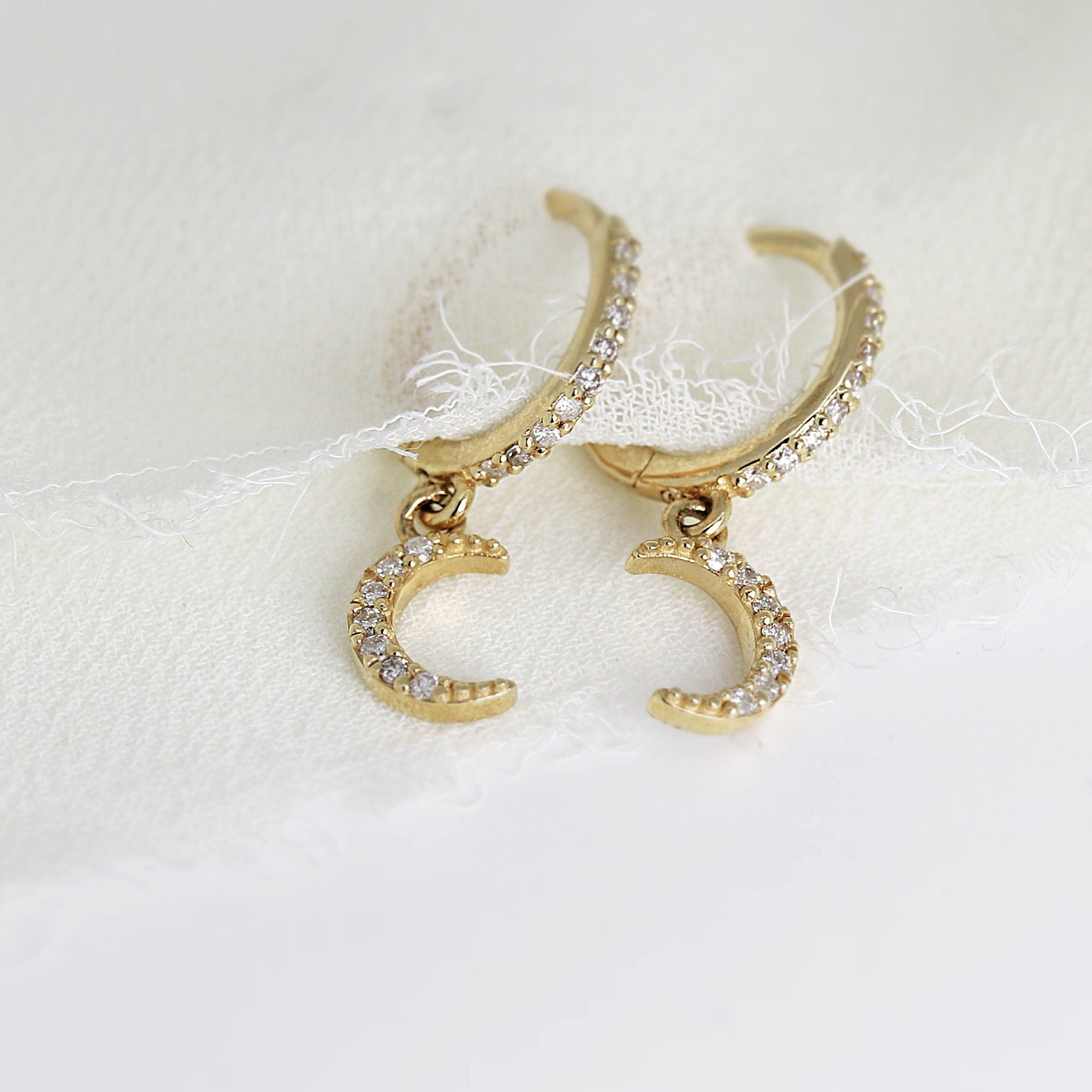 Diamond Moon Hoop Earrings (SINGLE or PAIR) - Melt'm Jewelry