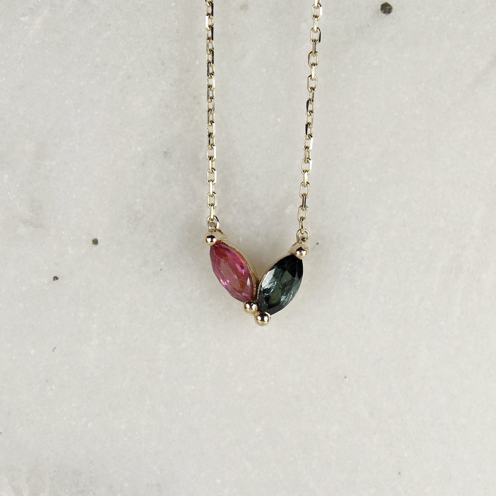 Marquise Pink Tourmaline and Green Tourmaline Necklace 14k Solid Gold - Melt'm Jewelry