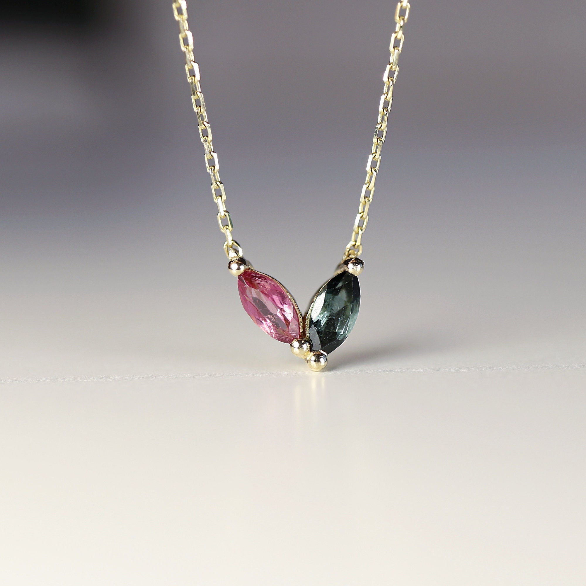 Marquise Pink Tourmaline and Green Tourmaline Necklace 14k Solid Gold