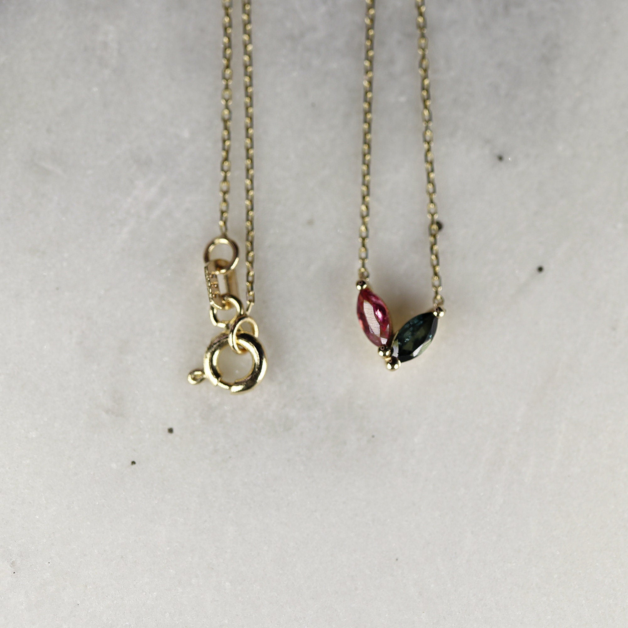 Marquise Pink Tourmaline and Green Tourmaline Necklace 14k Solid Gold - Melt'm Jewelry