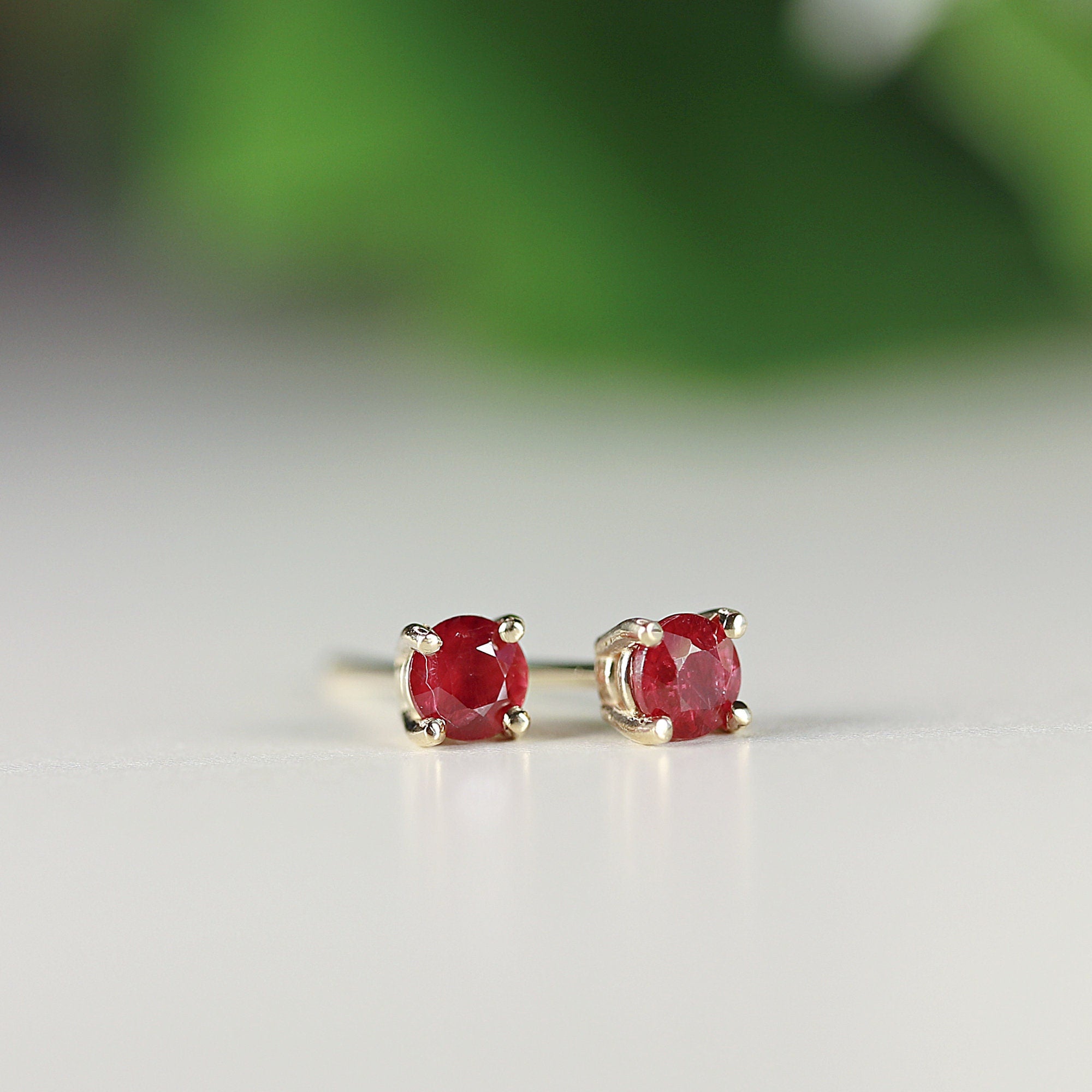 Delicate Ruby Stud Earrings 14k Gold