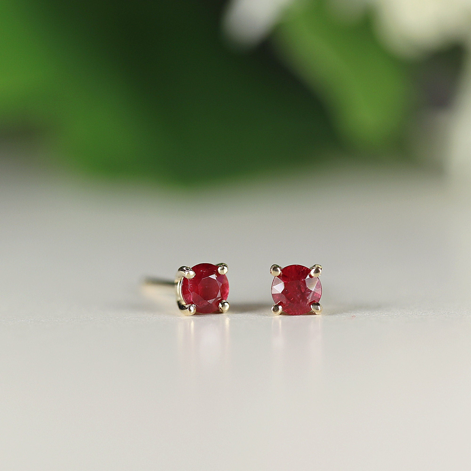 Delicate Ruby Stud Earrings 14k Gold