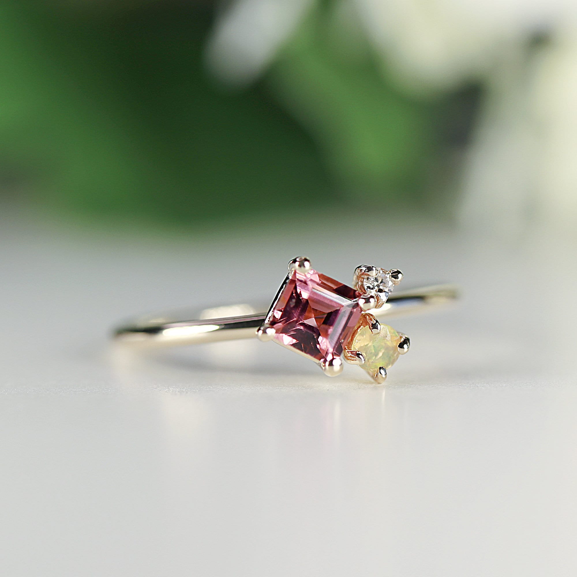 Opal Tourmaline and Diamond Cluster Engagement Ring - Melt'm Jewelry
