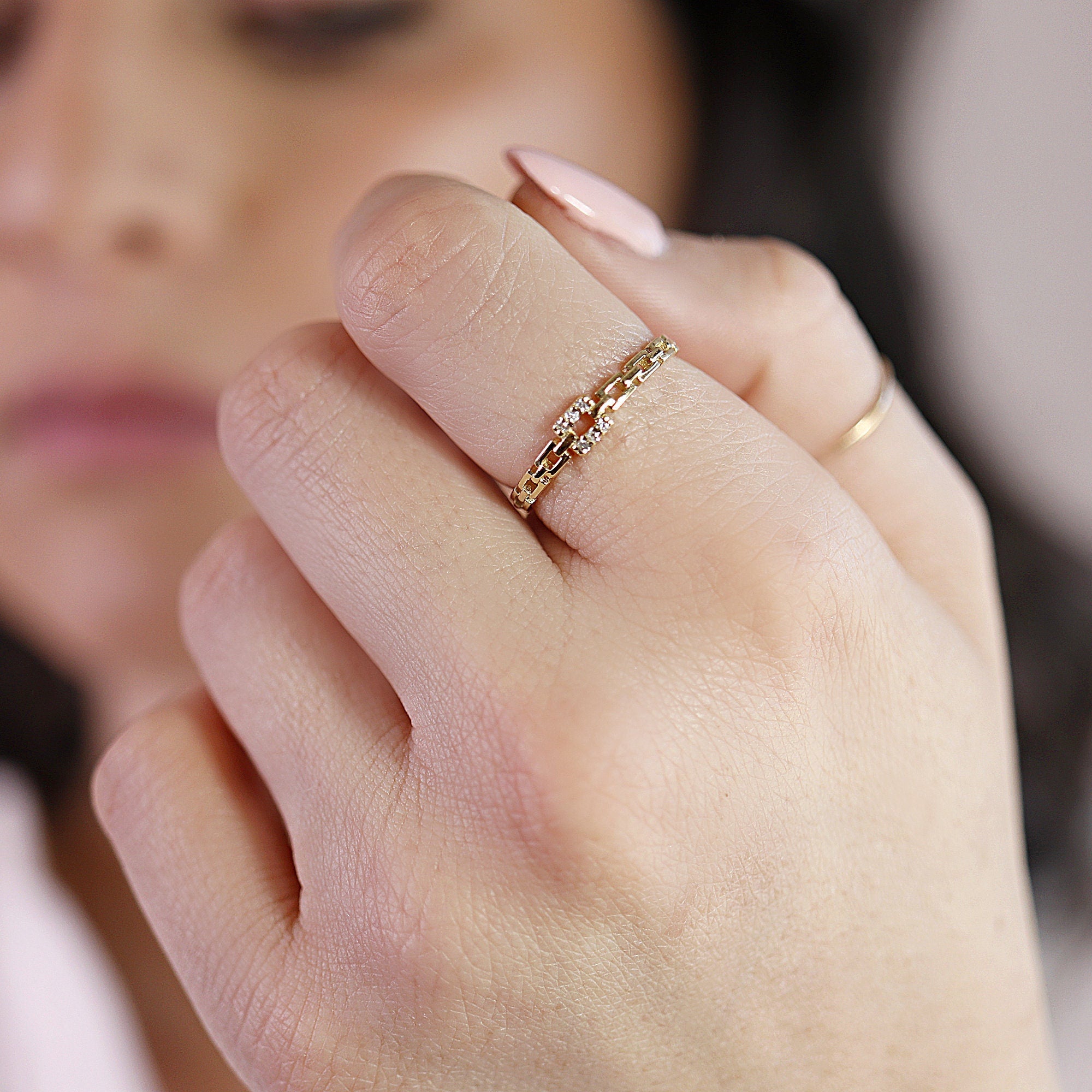 14k Solid Gold Rectangular Chain Link Diamond Ring