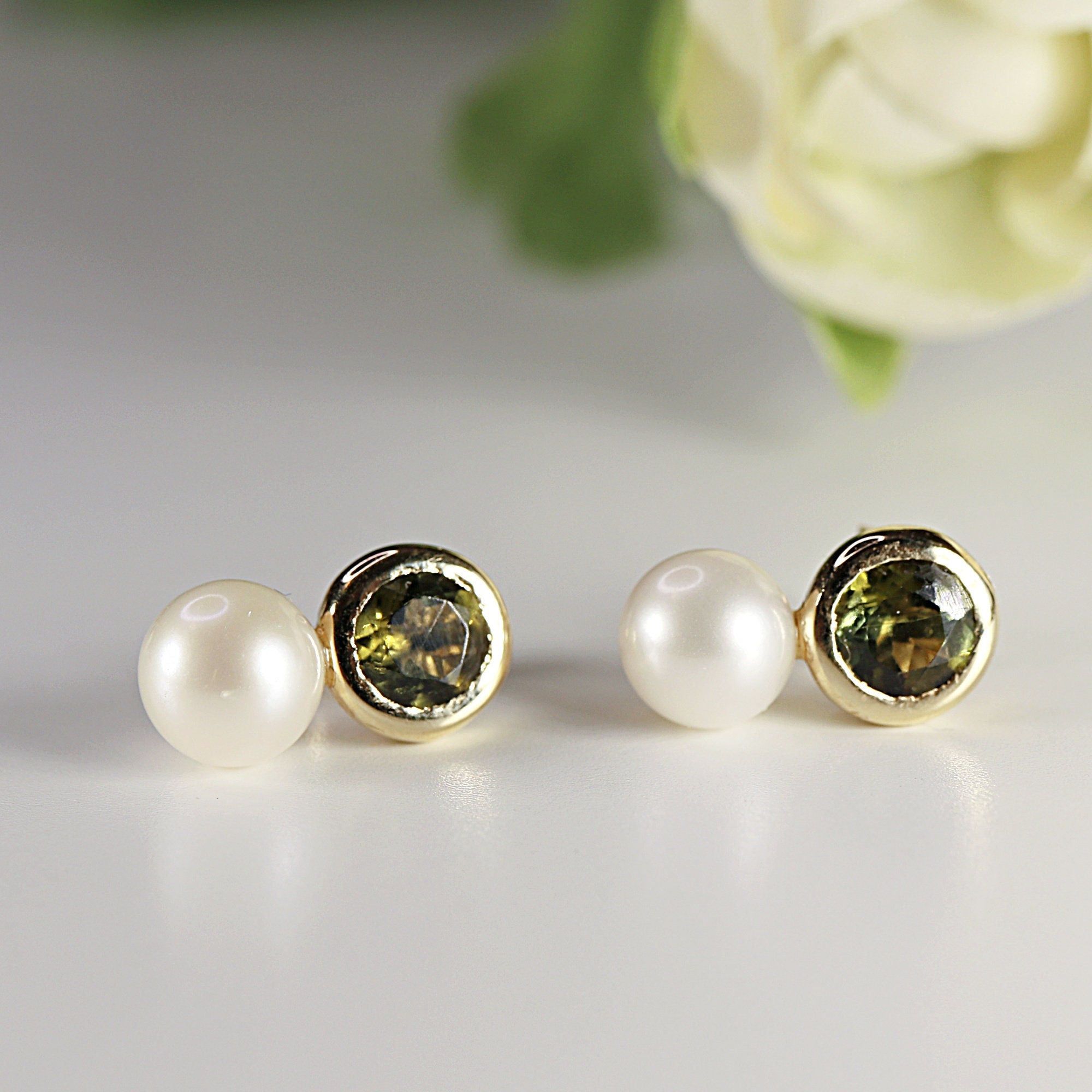 Pearl and Green Tourmaline Earrings 18k Solid Gold