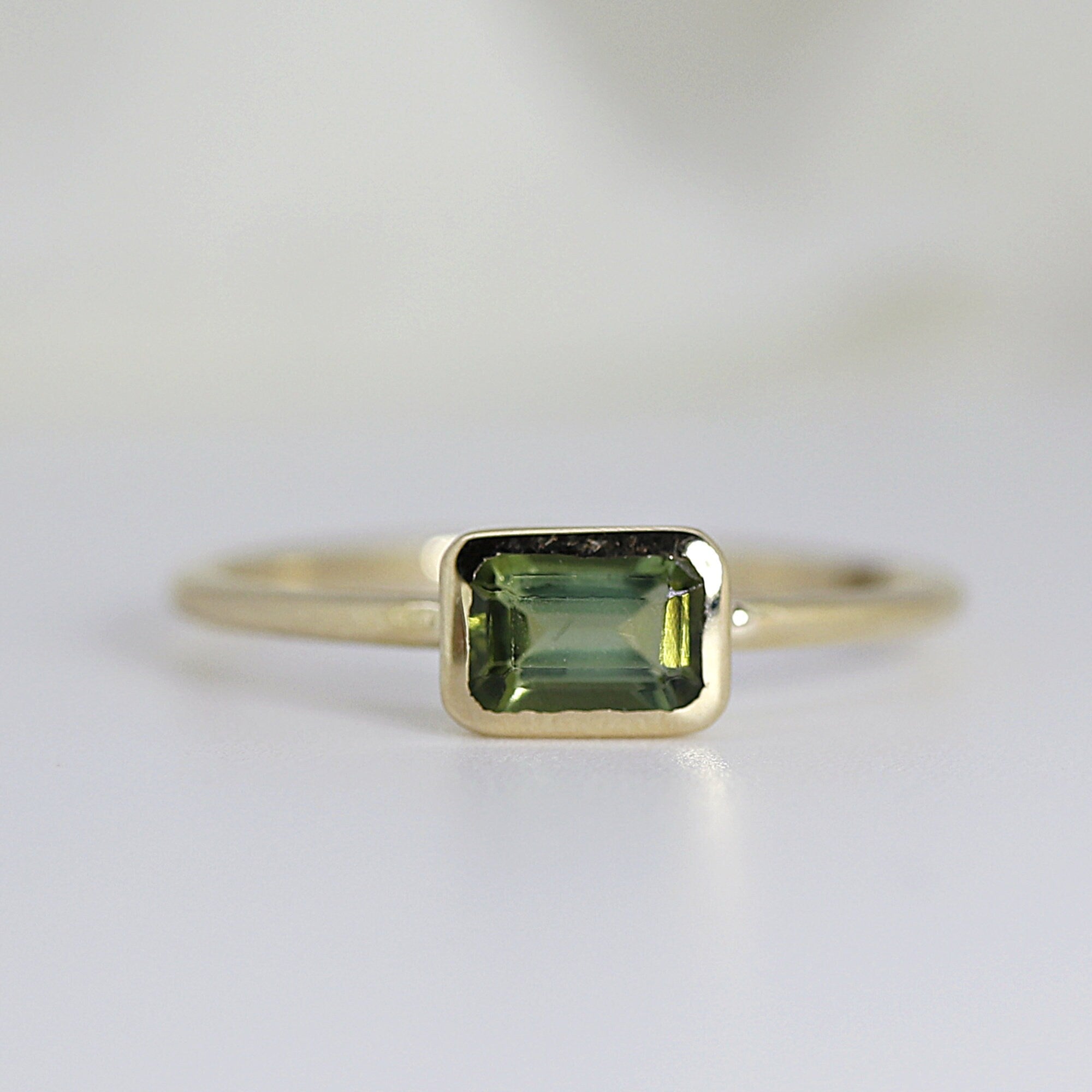 Bezel Set Green Tourmaline Ring, Emerald Cut Tourmaline Ring