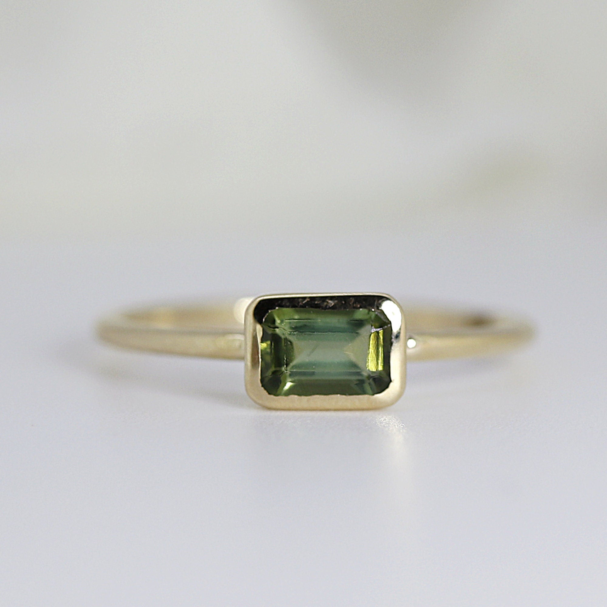 Emerald Cut Bezel Set Green Tourmaline Ring in 14k Gold - Melt'm Jewelry