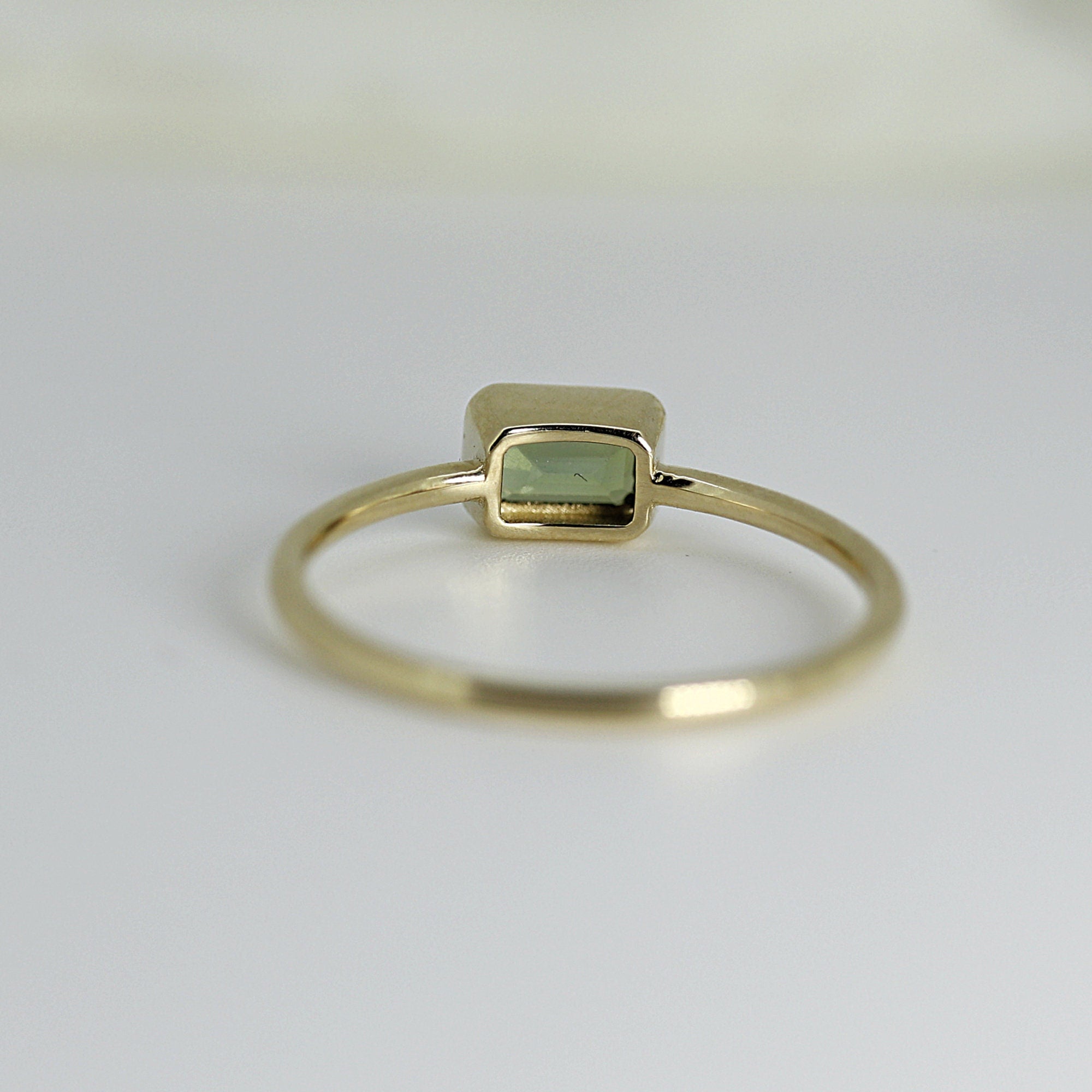 Emerald Cut Bezel Set Green Tourmaline Ring in 14k Gold - Melt'm Jewelry
