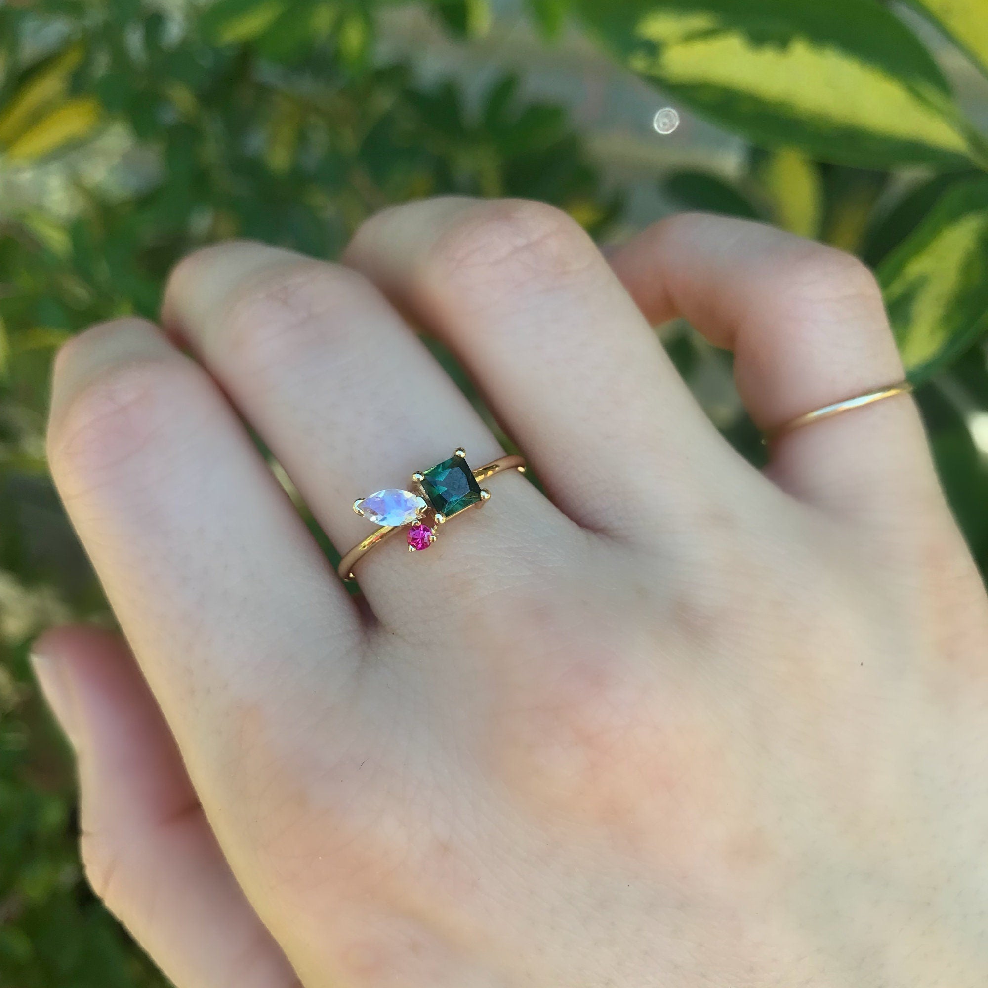 Indicolite Tourmaline Moonstone and Ruby Cluster Colorful Engagement Ring - Melt'm Jewelry