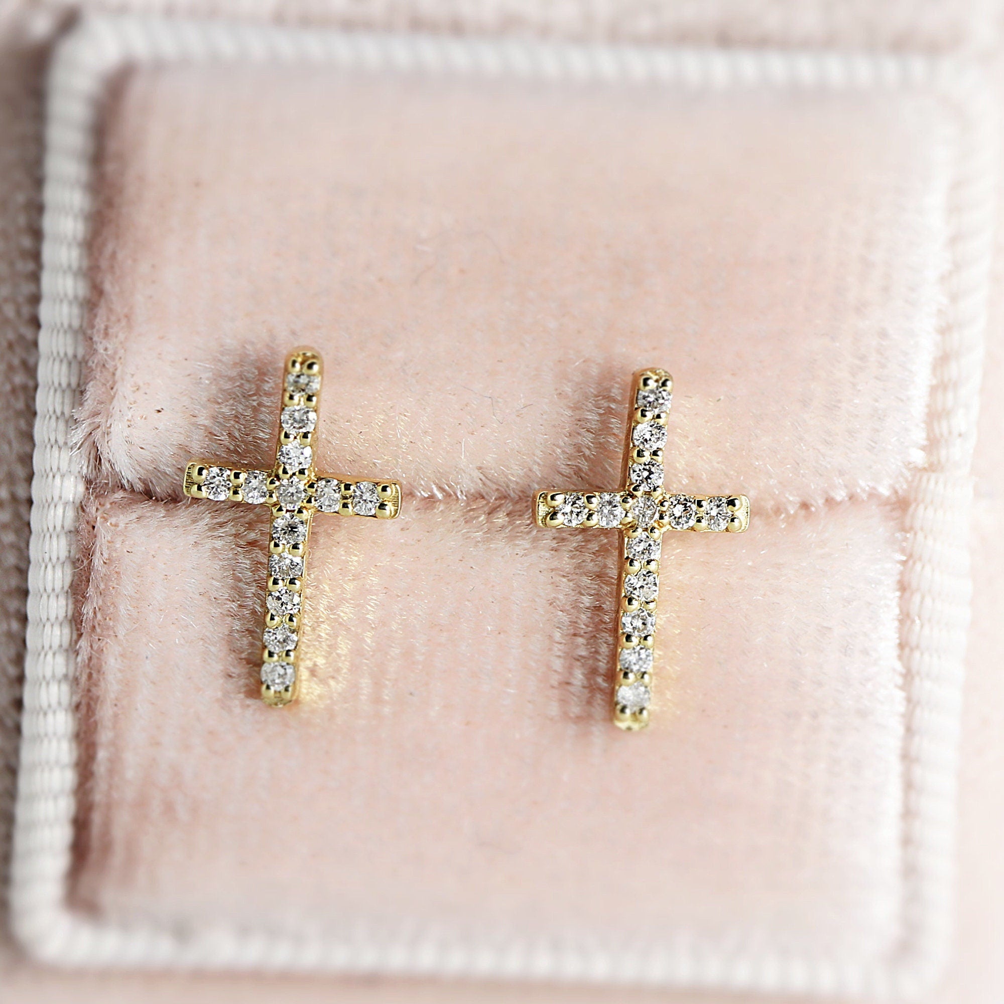 14k Yellow Gold Diamond Cross Earrings