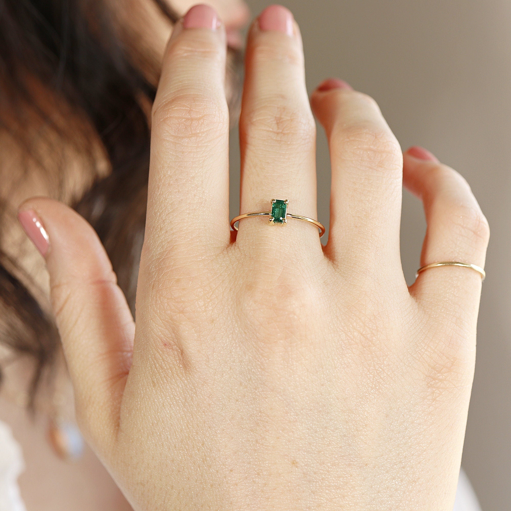 14k Gold Dainty Emerald Cut Emerald Ring - Melt'm Jewelry
