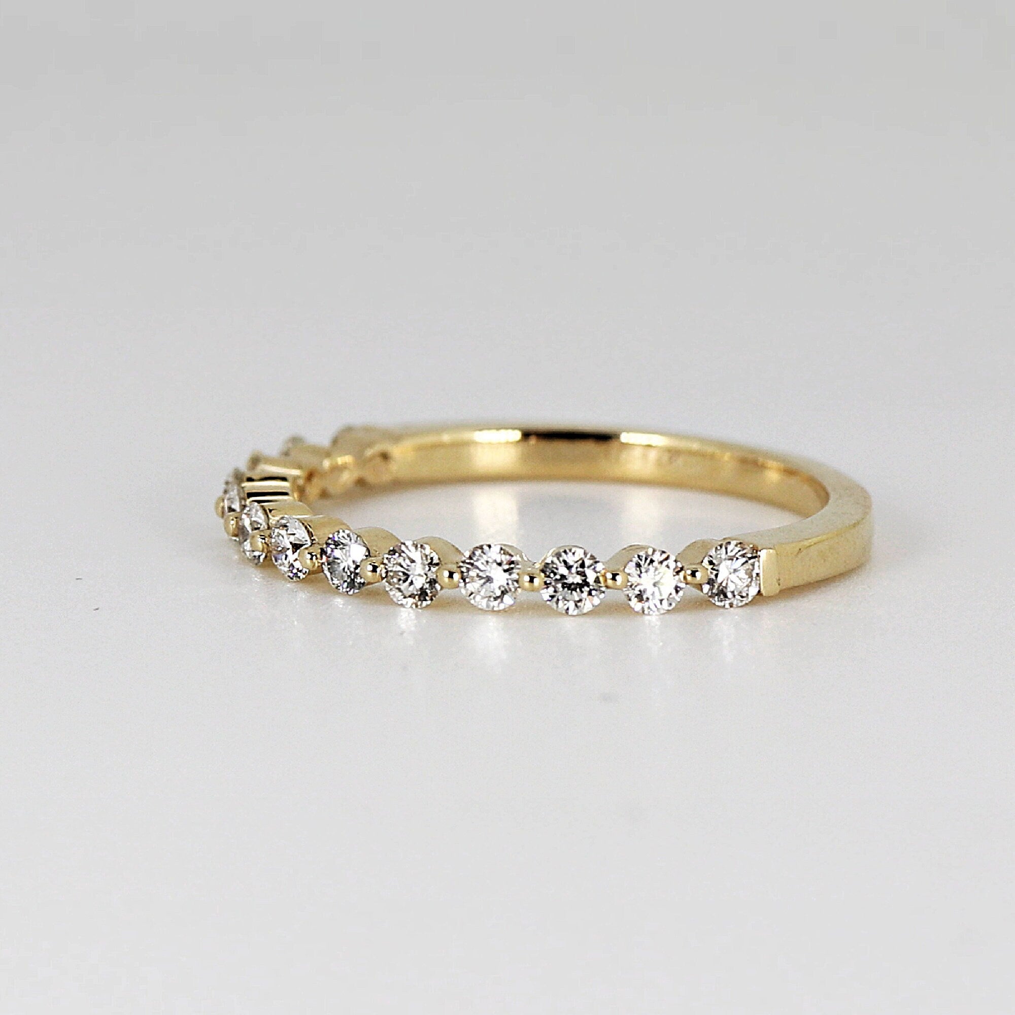 Shared Prong Diamond Wedding Band, 14k Solid Gold Floating Diamond Ring