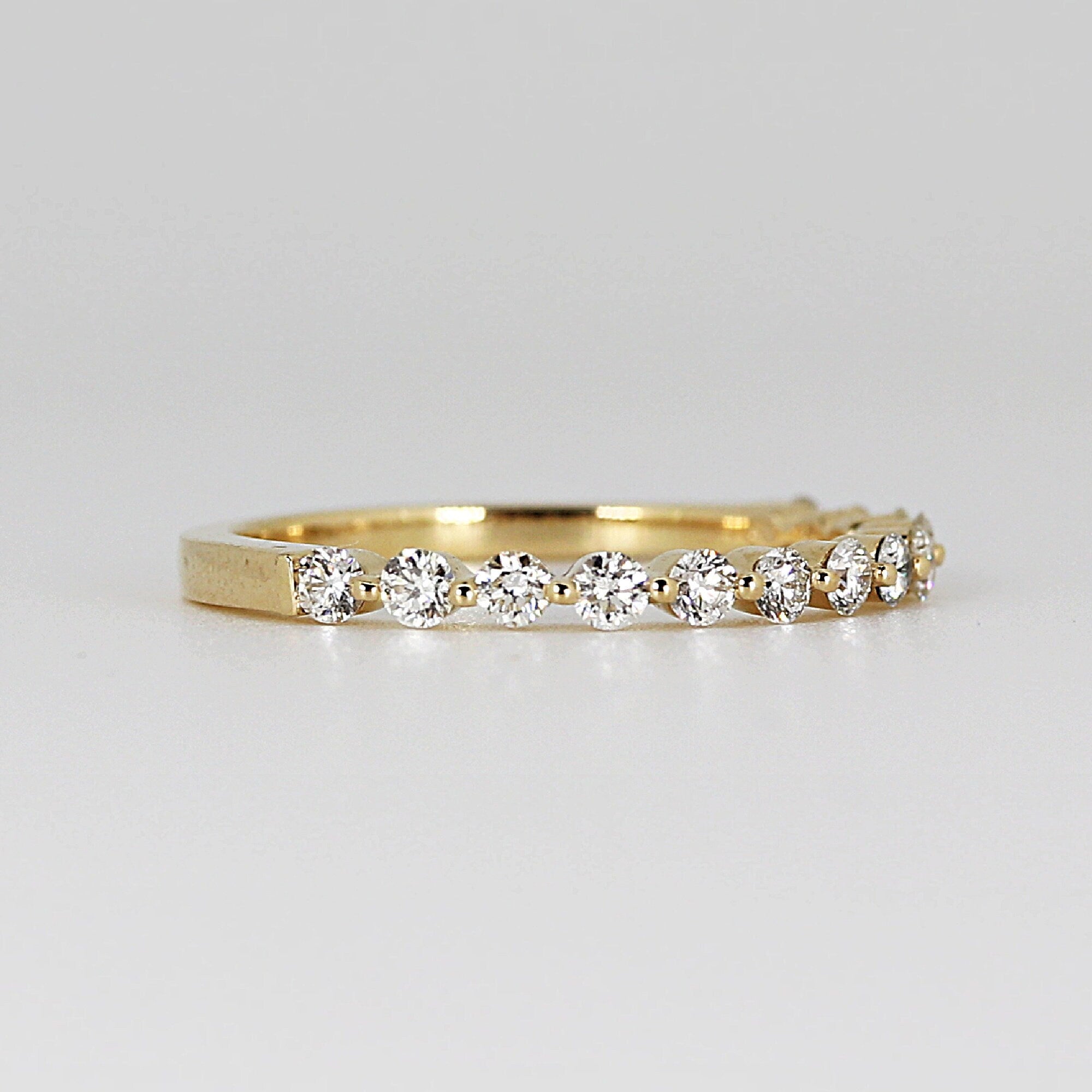 Shared Prong Diamond Wedding Band, 14k Solid Gold Floating Diamond Ring