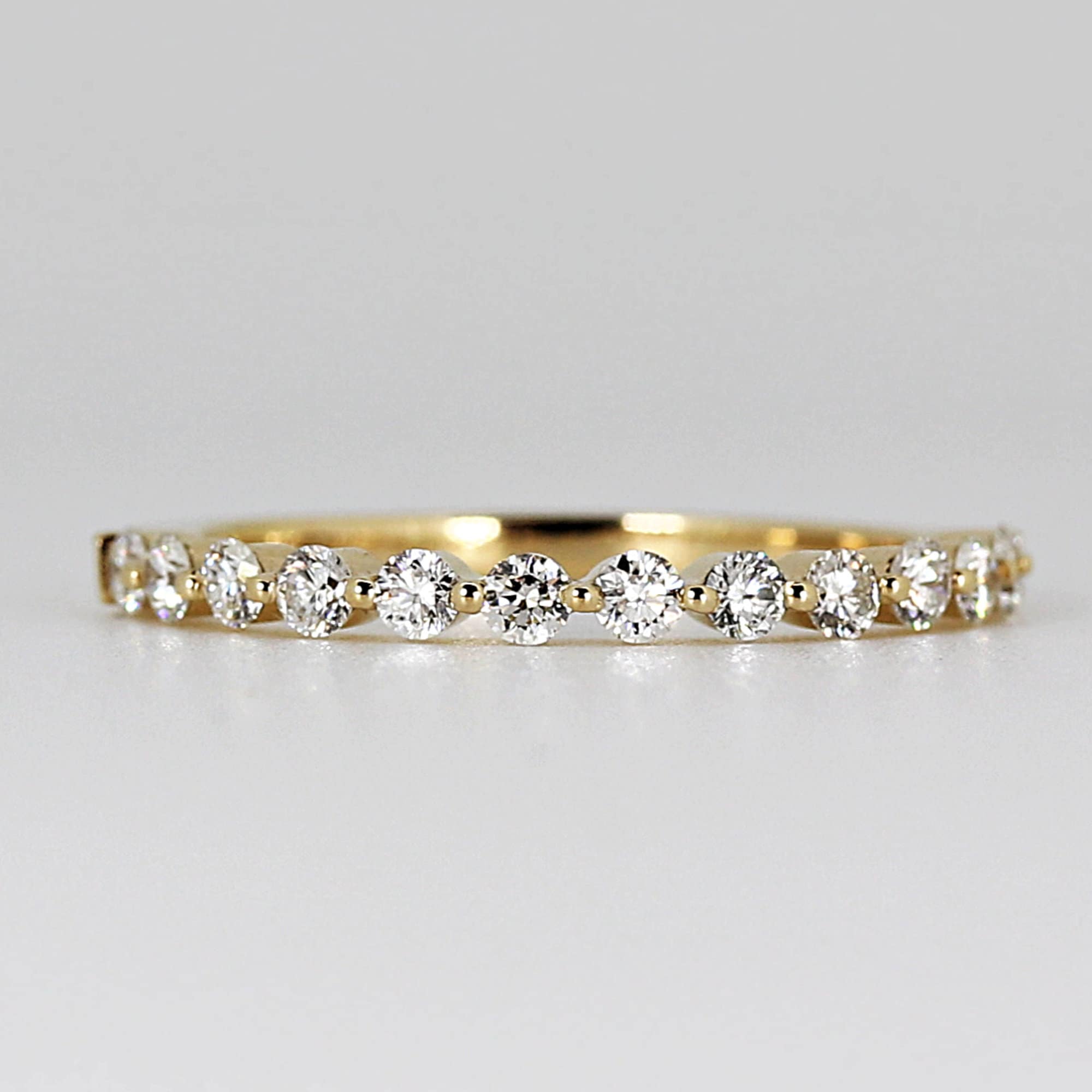 Shared Prong Diamond Wedding Band, 14k Solid Gold Floating Diamond Ring