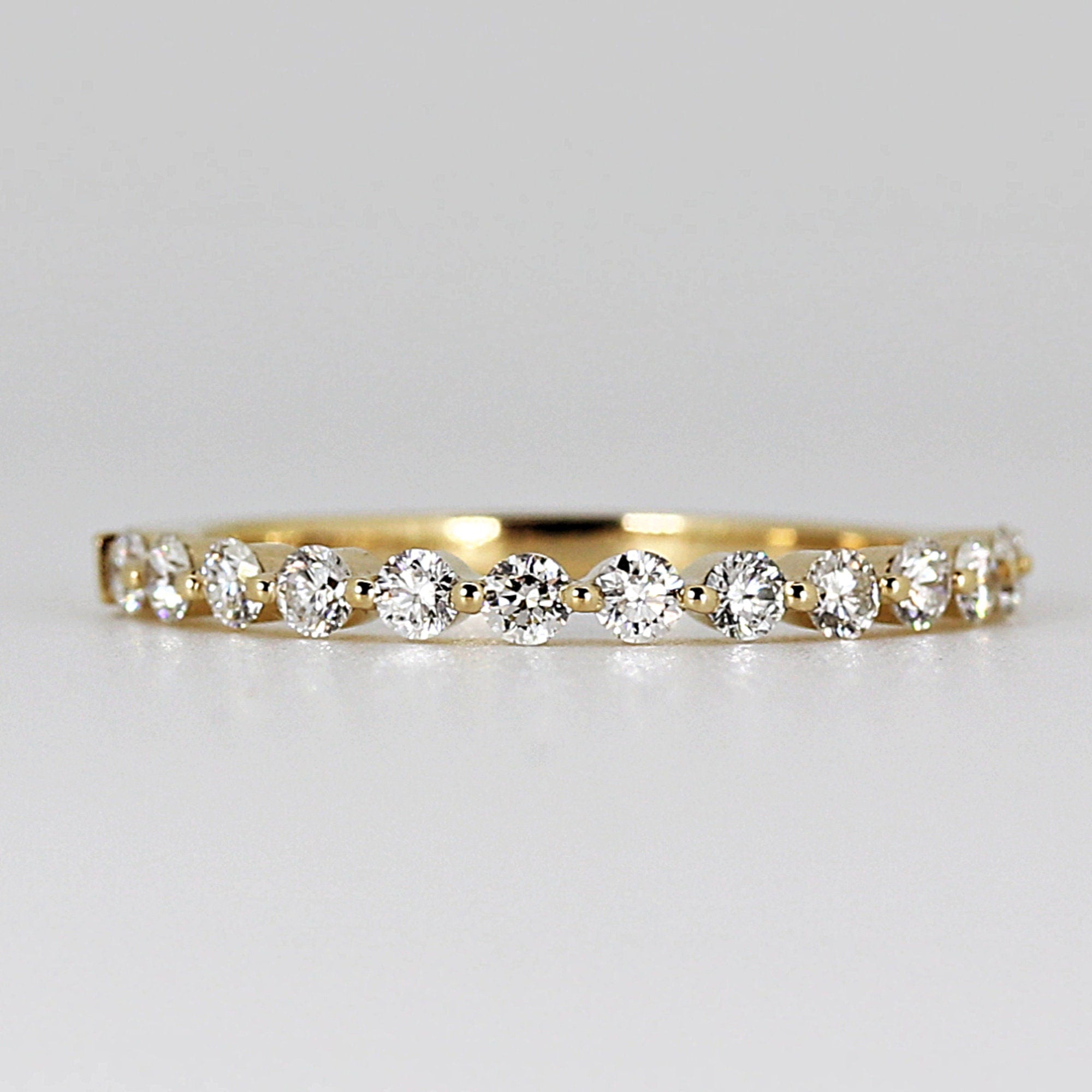 Shared Prong Diamond Wedding Band, 14k Solid Gold Floating Diamond Ring - Melt'm Jewelry