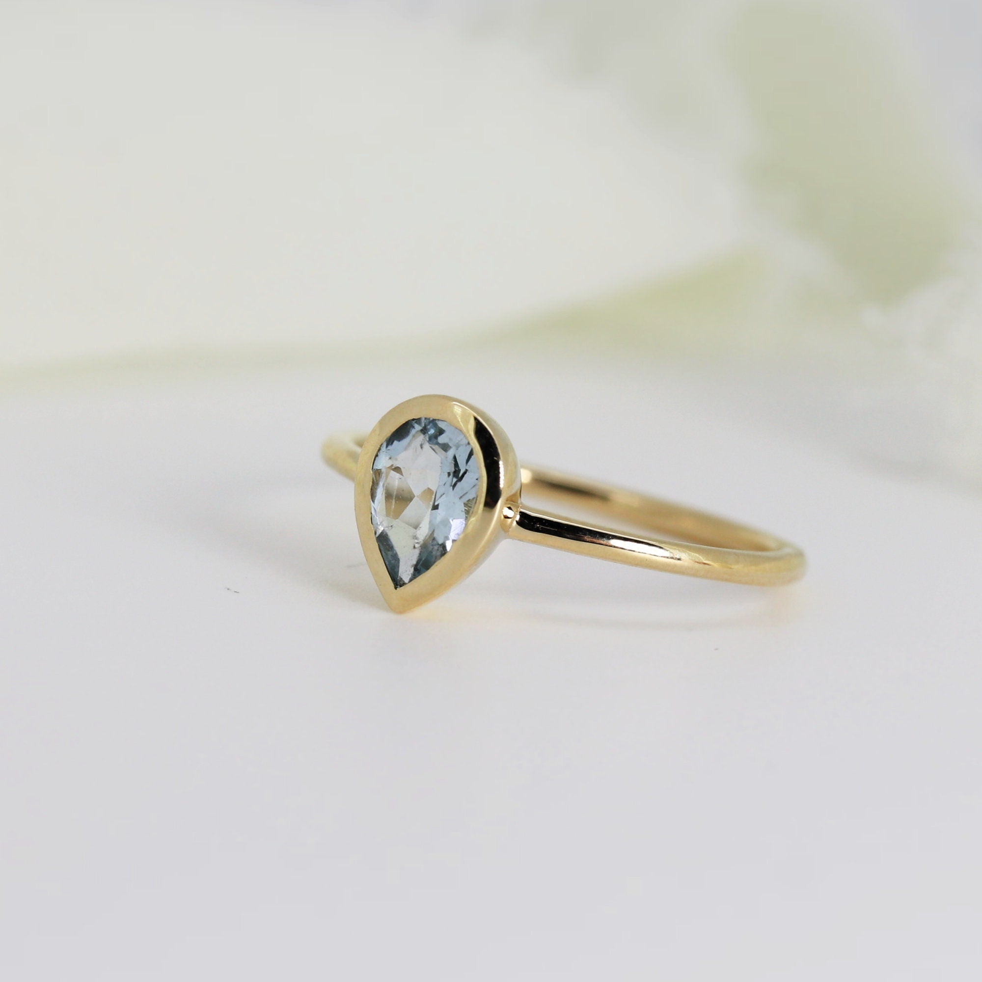 Pear Aquamarine Ring, Bezel Set 14k Gold Ring