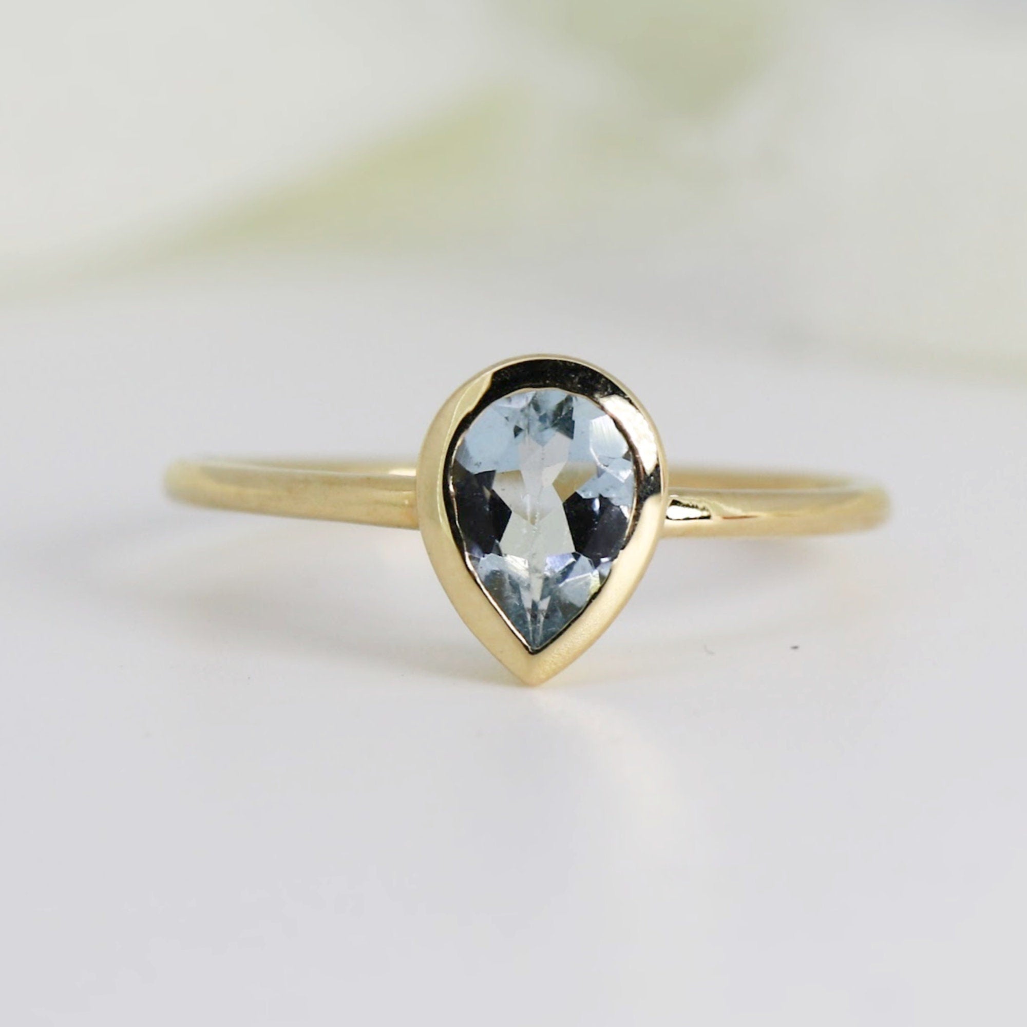 Pear Aquamarine Ring, Bezel Set 14k Gold Ring