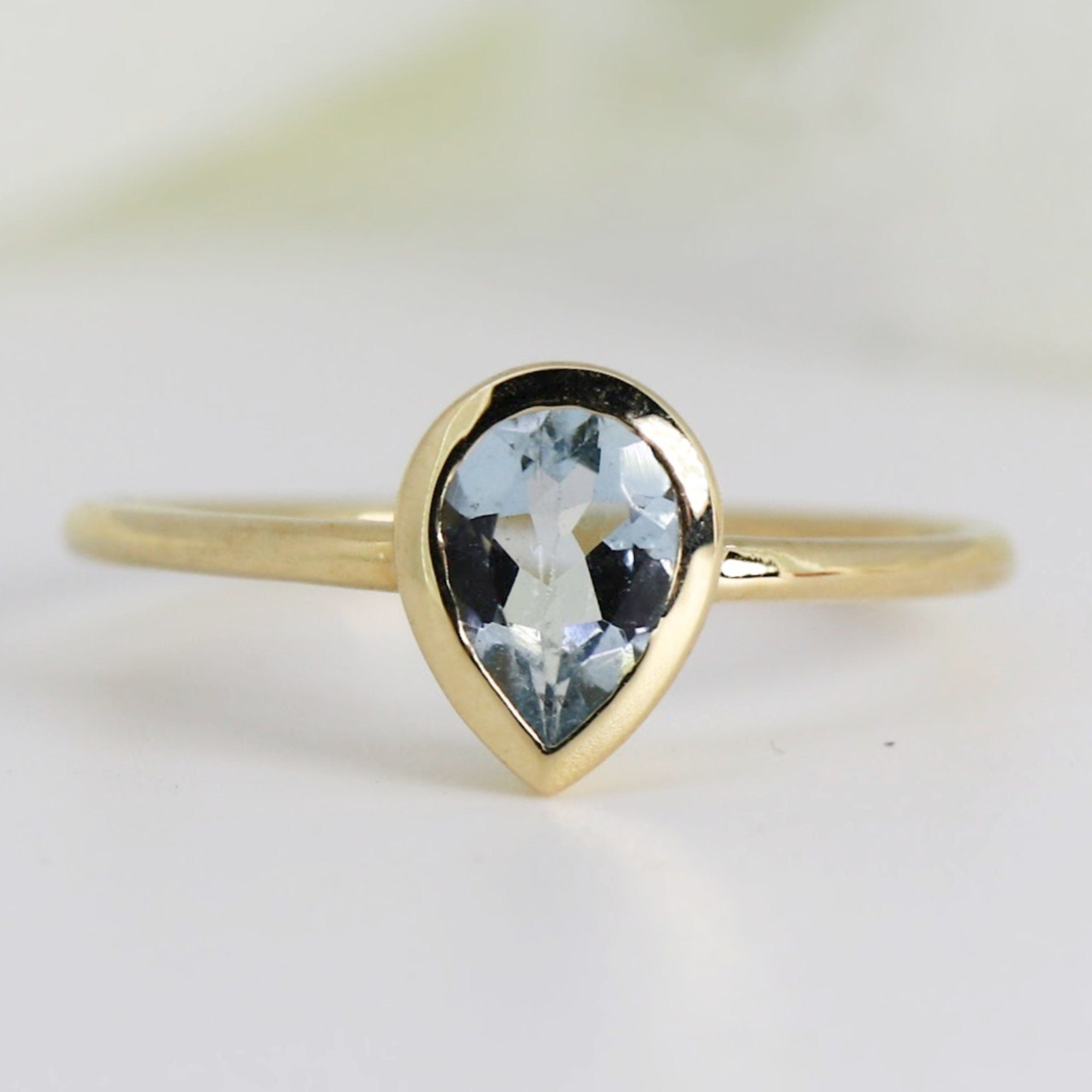 Bezel Set Pear Cut Aquamarine Ring in 14k Gold - Melt'm Jewelry