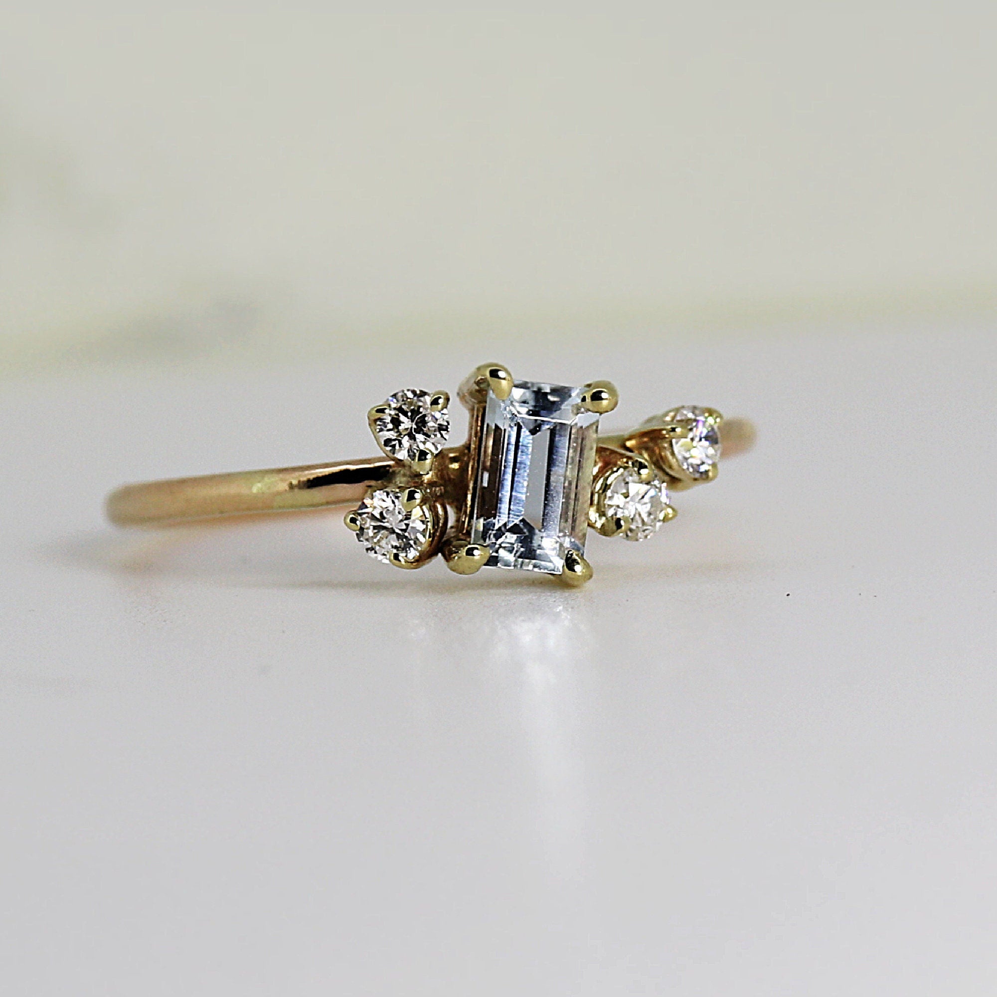 Diamond and Aquamarine Cluster Engagement Ring 14k Solid Gold