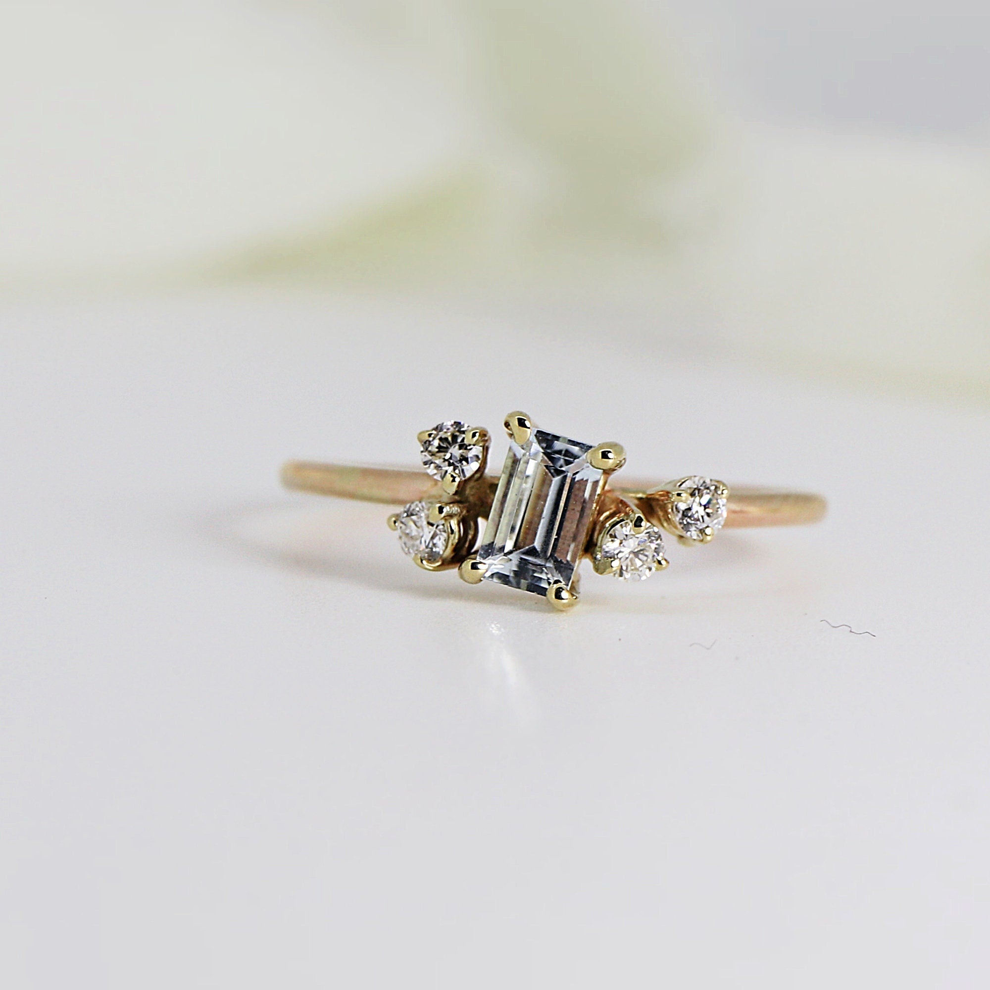 Diamond and Aquamarine Cluster Engagement Ring 14k Solid Gold