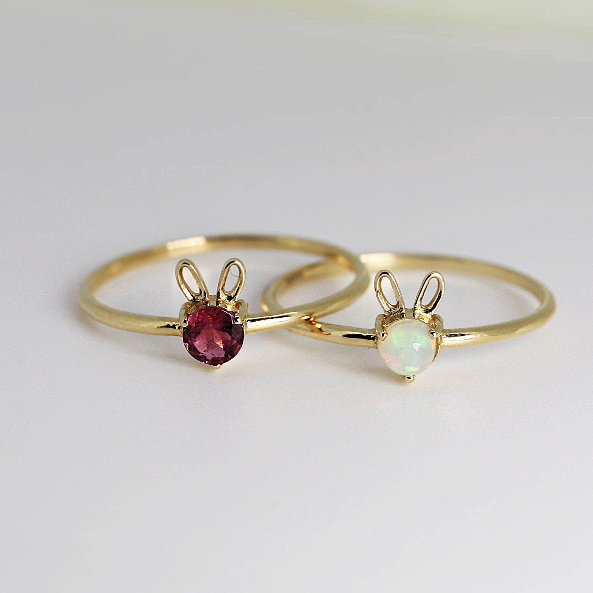 October Birthstone Bunny Ring 14k Gold - Opal or Pink Tourmaline - Melt'm Jewelry