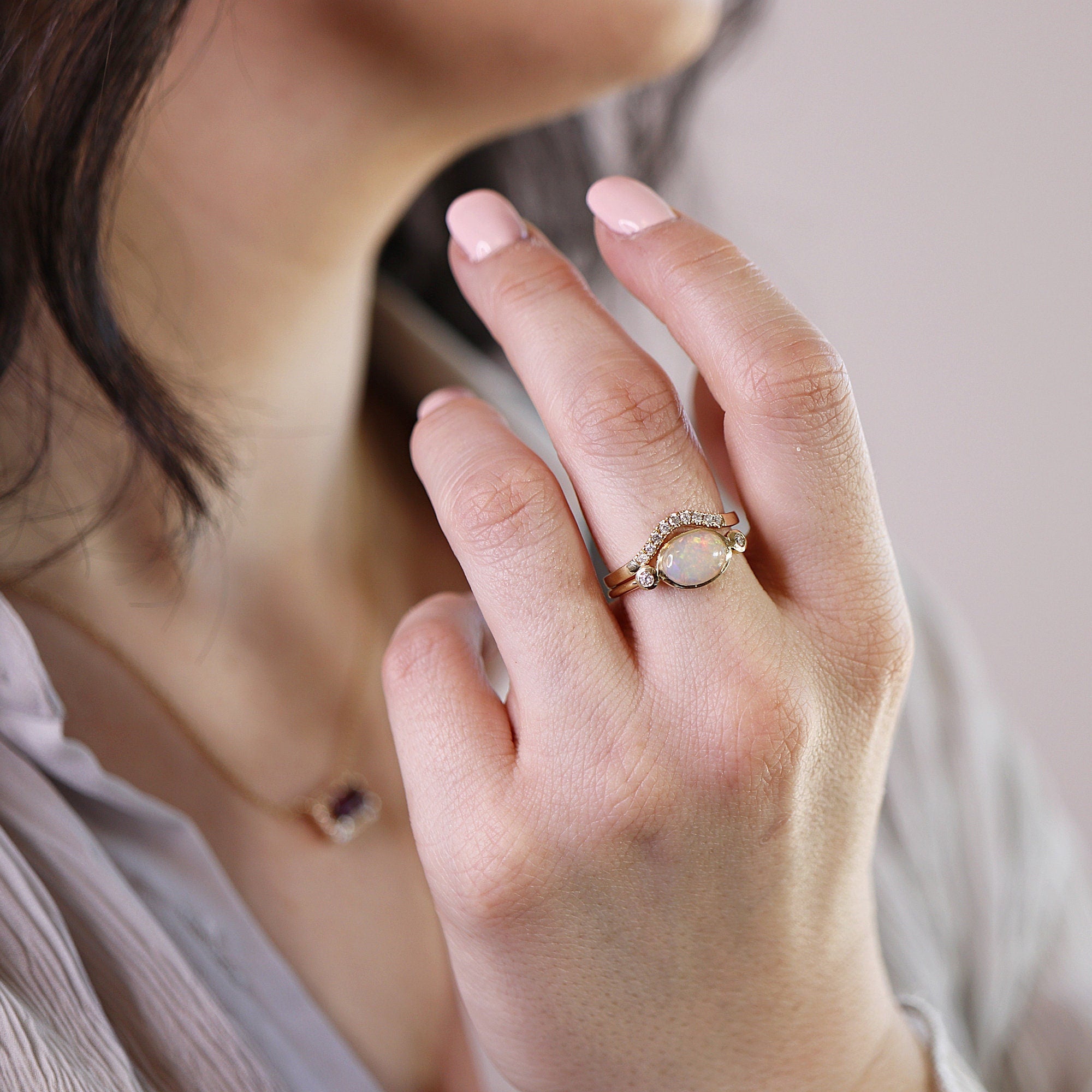 Ethiopian Opal Ring 14k Solid Gold – Diamond &amp; Oval Opal Engagement Ring, Handmade October Birthstone Ring, Anniversary Gift for Her - Melt'm Jewelry