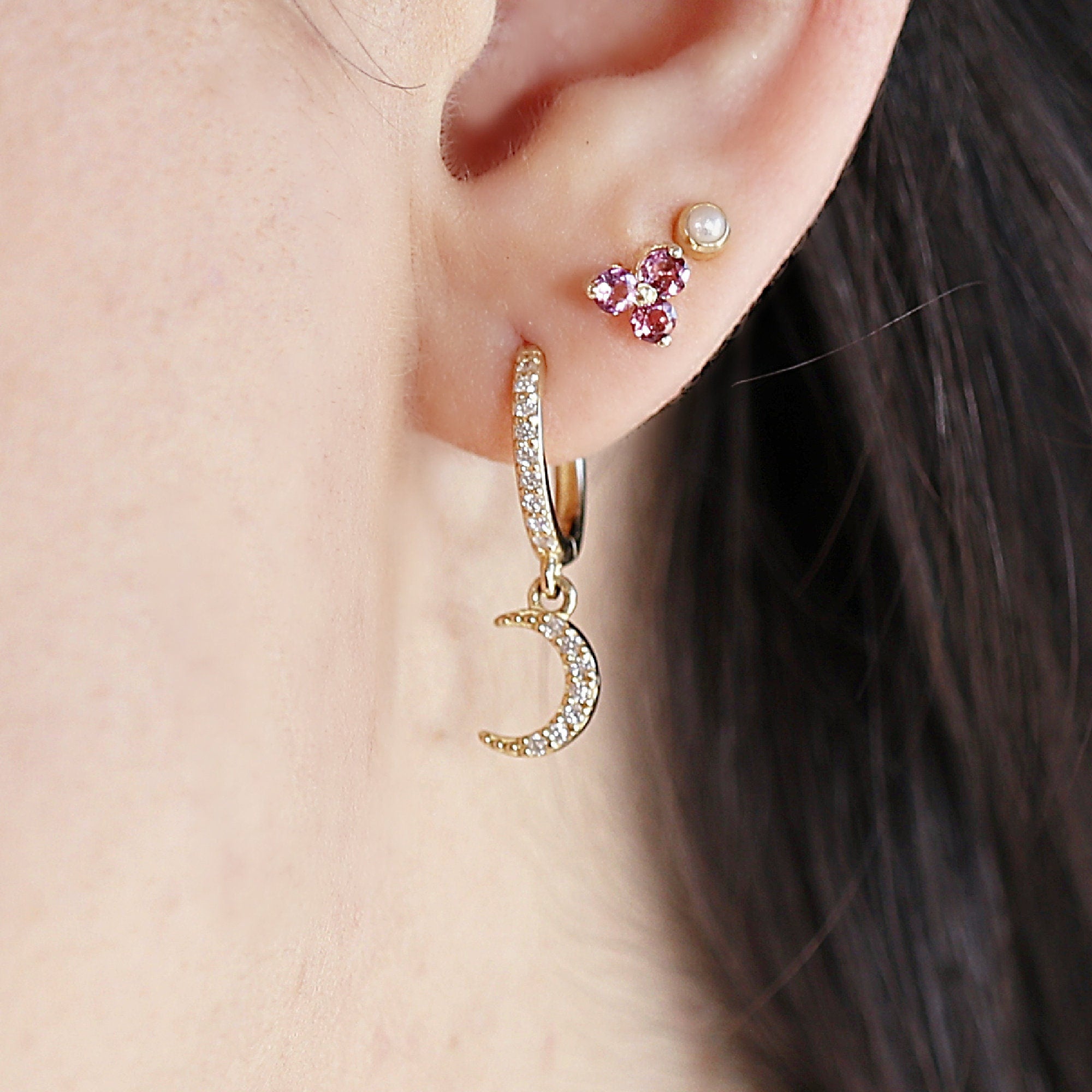 Diamond Moon Hoop Earrings (SINGLE or PAIR) - Melt'm Jewelry